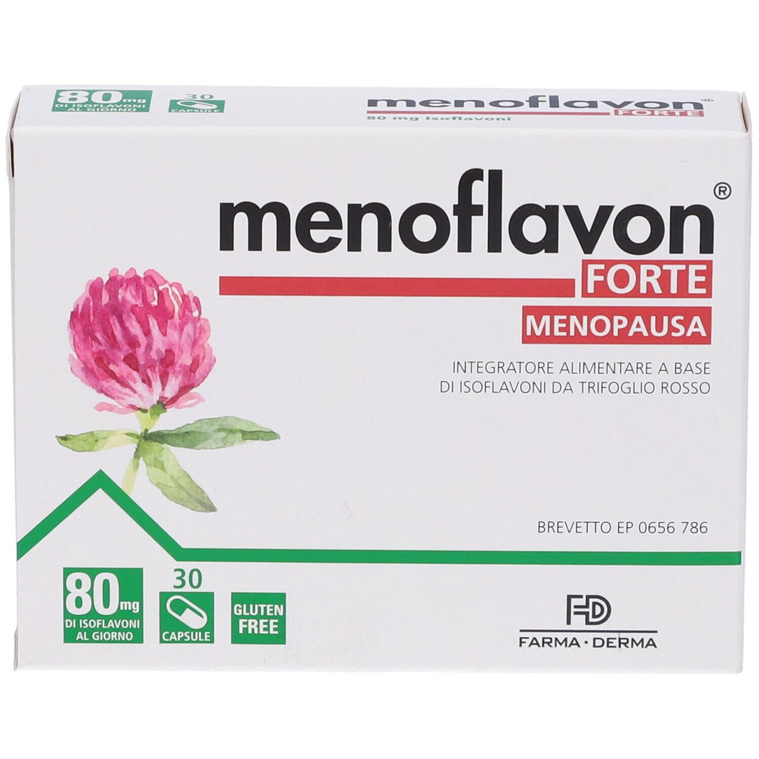 Confezione Menoflavon Forte. Scritta rossa, trifoglio, 80 mg isoflavoni, 30 capsule, senza glutine. Marchio Farma Derma.