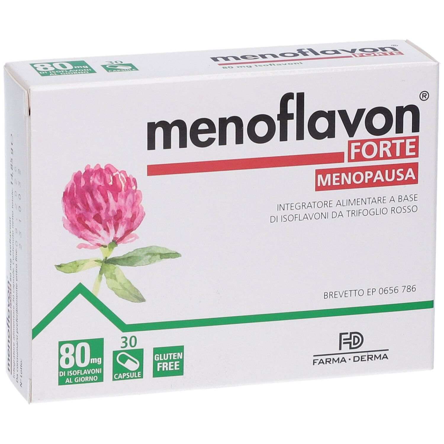 Confezione Menoflavon Forte. Scritta rossa, trifoglio, 80 mg isoflavoni, 30 capsule, senza glutine. Marchio Farma Derma.