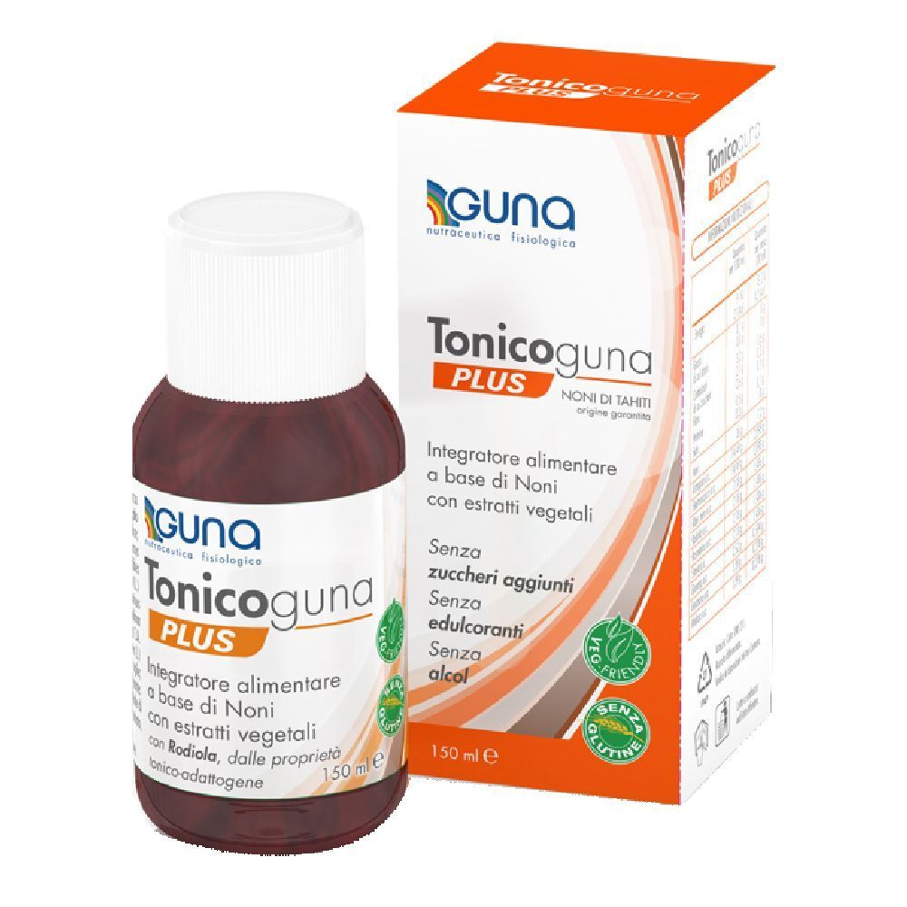 Braune Flüssigkeit in einer Flasche und Verpackung. Aufschrift: Tonicoguna PLUS, Guna. Mit Noni-Extrakt.