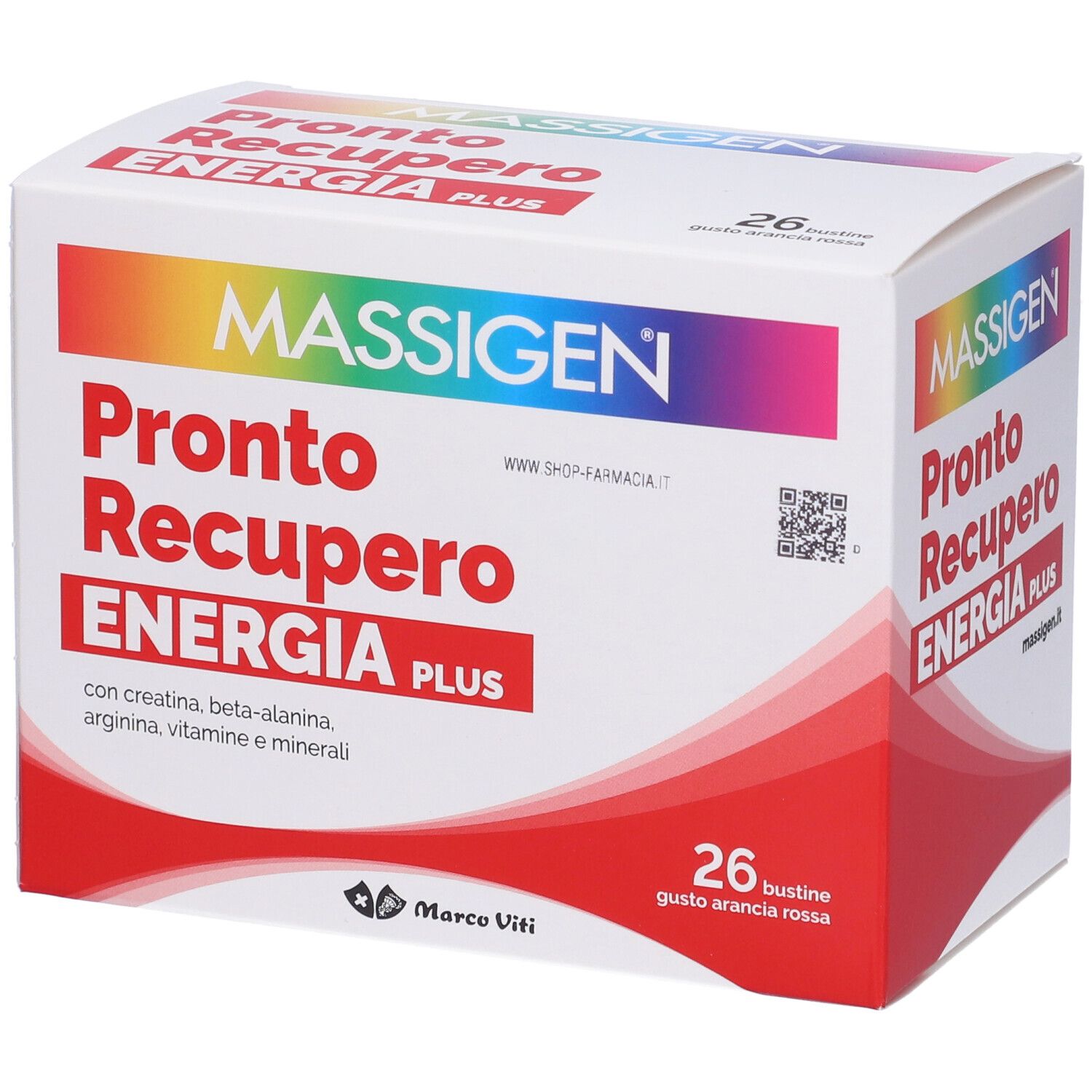Scatola bianca e rossa con nome prodotto e informazioni. Scritto: Pronto Recupero Energia Plus. 26 bustine, gusto arancia rossa.