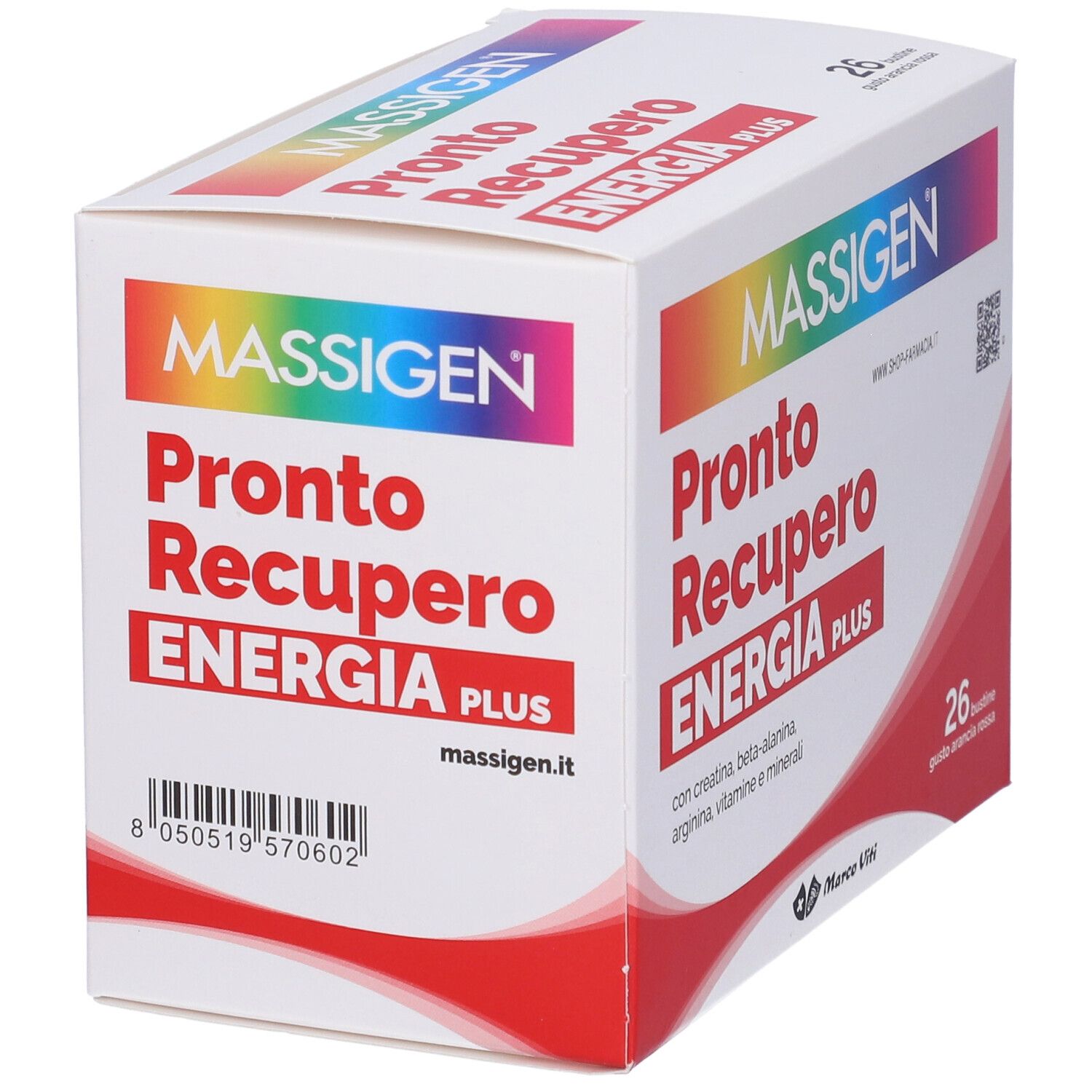 Scatola bianca e rossa con nome prodotto e informazioni. Scritto: Pronto Recupero Energia Plus. 26 bustine, gusto arancia rossa. Codice a barre.