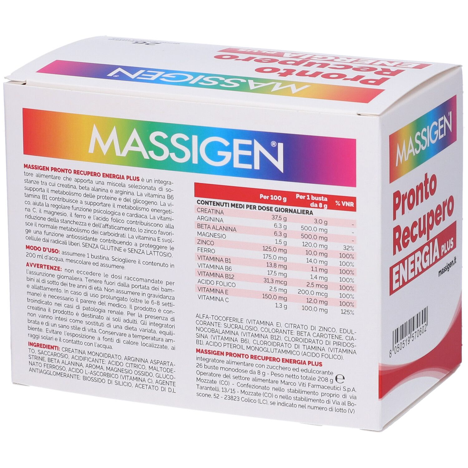 Scatola bianca e rossa con nome prodotto e informazioni. Scritto: Pronto Recupero Energia Plus. 26 bustine, gusto arancia rossa. Ingredienti.