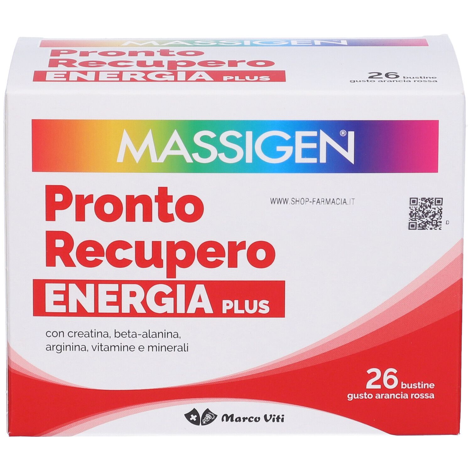 Scatola bianca e rossa con nome prodotto e informazioni. Scritto: Pronto Recupero Energia Plus. 26 bustine, gusto arancia rossa.