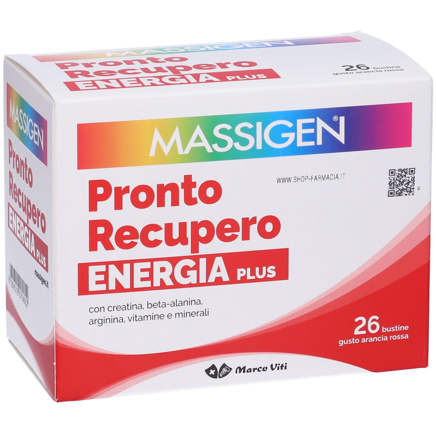 Scatola bianca e rossa con nome prodotto e informazioni. Scritto: Pronto Recupero Energia Plus. 26 bustine, gusto arancia rossa.