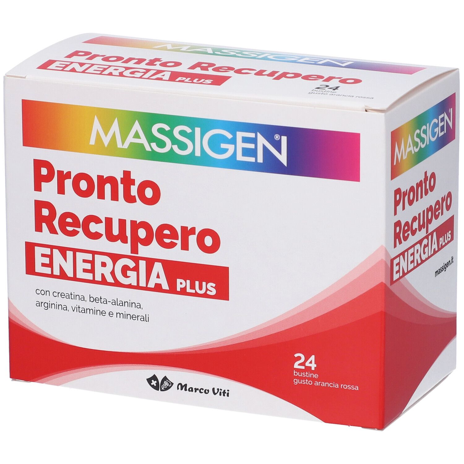 Confezione di Massigen Pronto Recupero Energia Plus. Scritte e logo ben visibili.