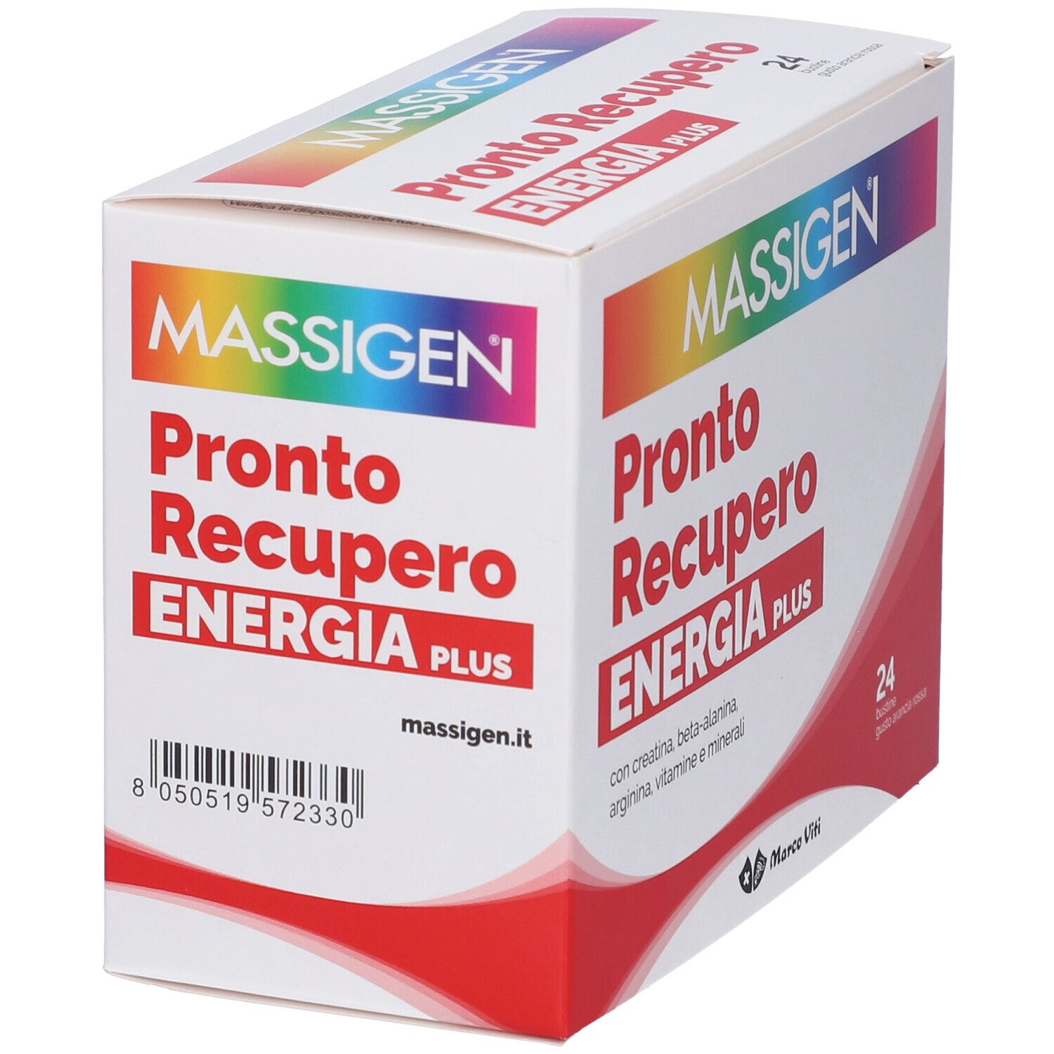 Confezione di Massigen Pronto Recupero Energia Plus. Nome e logo su sfondo bianco.