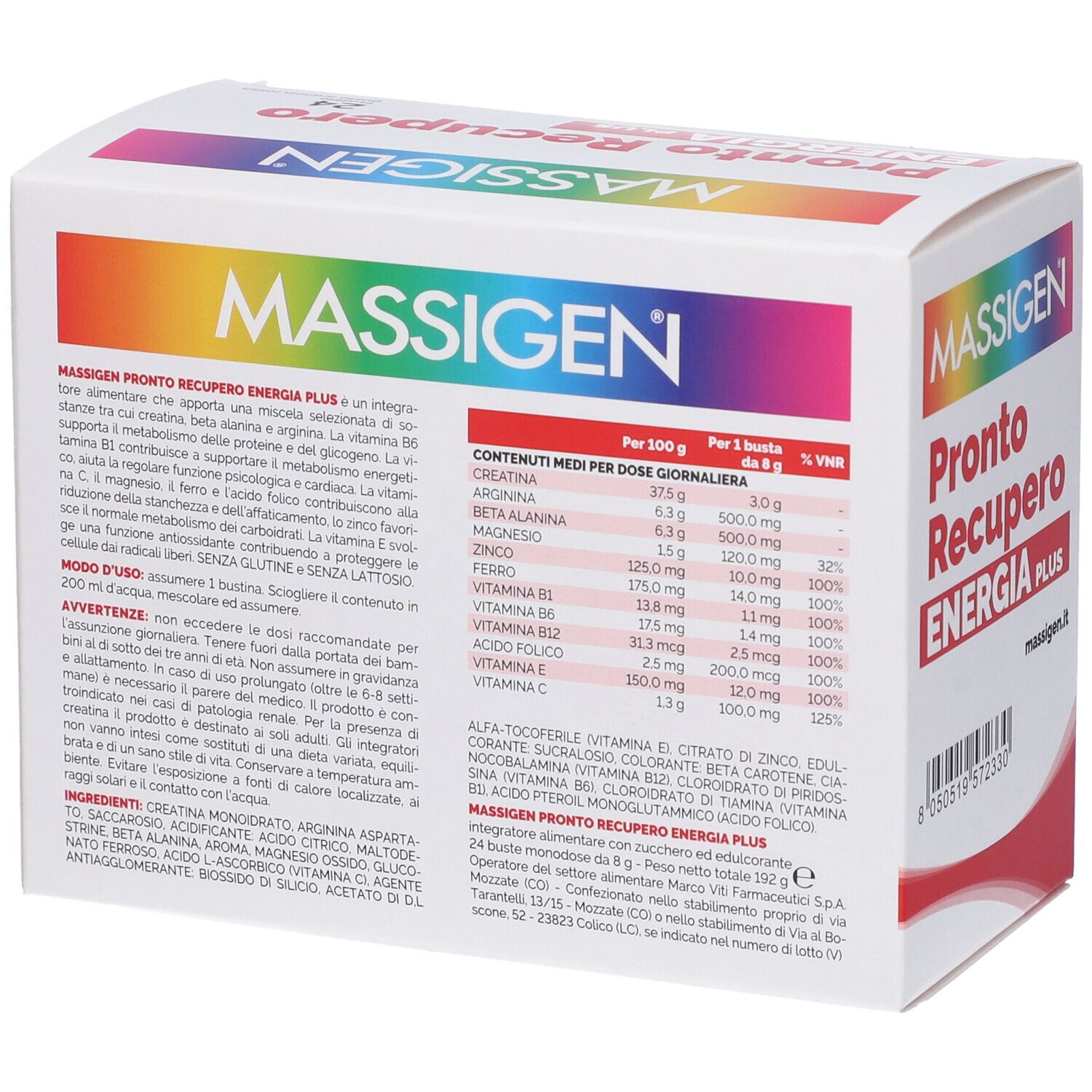 Confezione di Massigen Pronto Recupero Energia Plus. Informazioni e tabella nutrizionale.