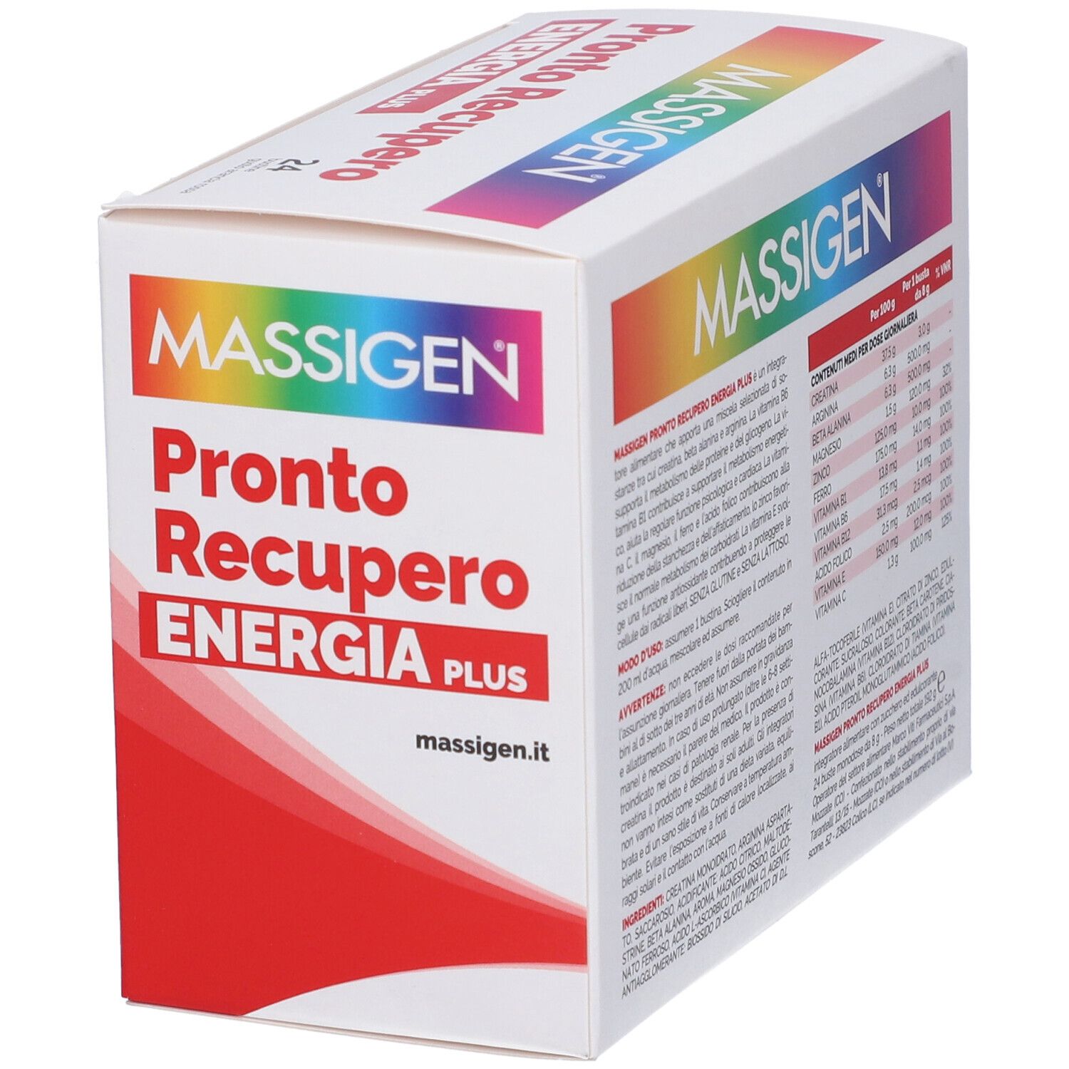 Confezione di Massigen Pronto Recupero Energia Plus. Informazioni e tabella nutrizionale.