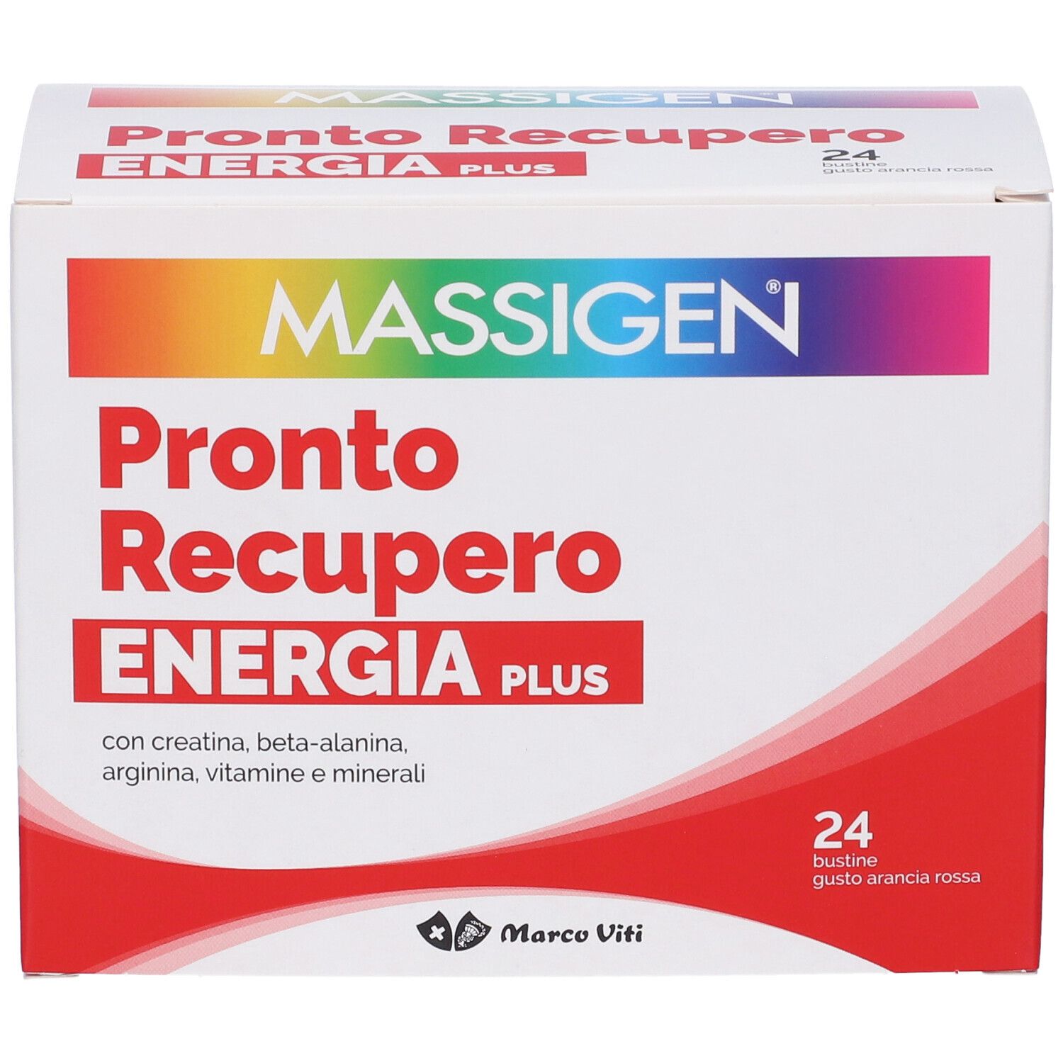 Confezione di Massigen Pronto Recupero Energia Plus. Nome e logo su sfondo bianco.
