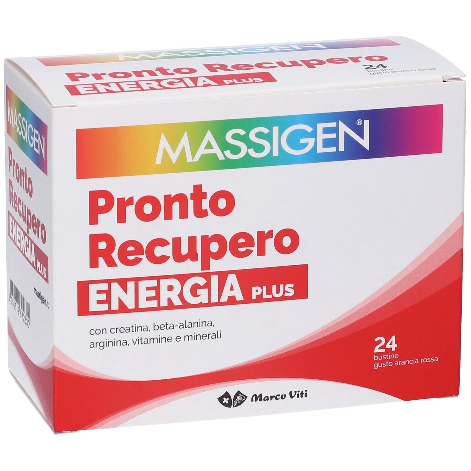 Confezione di Massigen Pronto Recupero Energia Plus. Nome e logo su sfondo bianco.