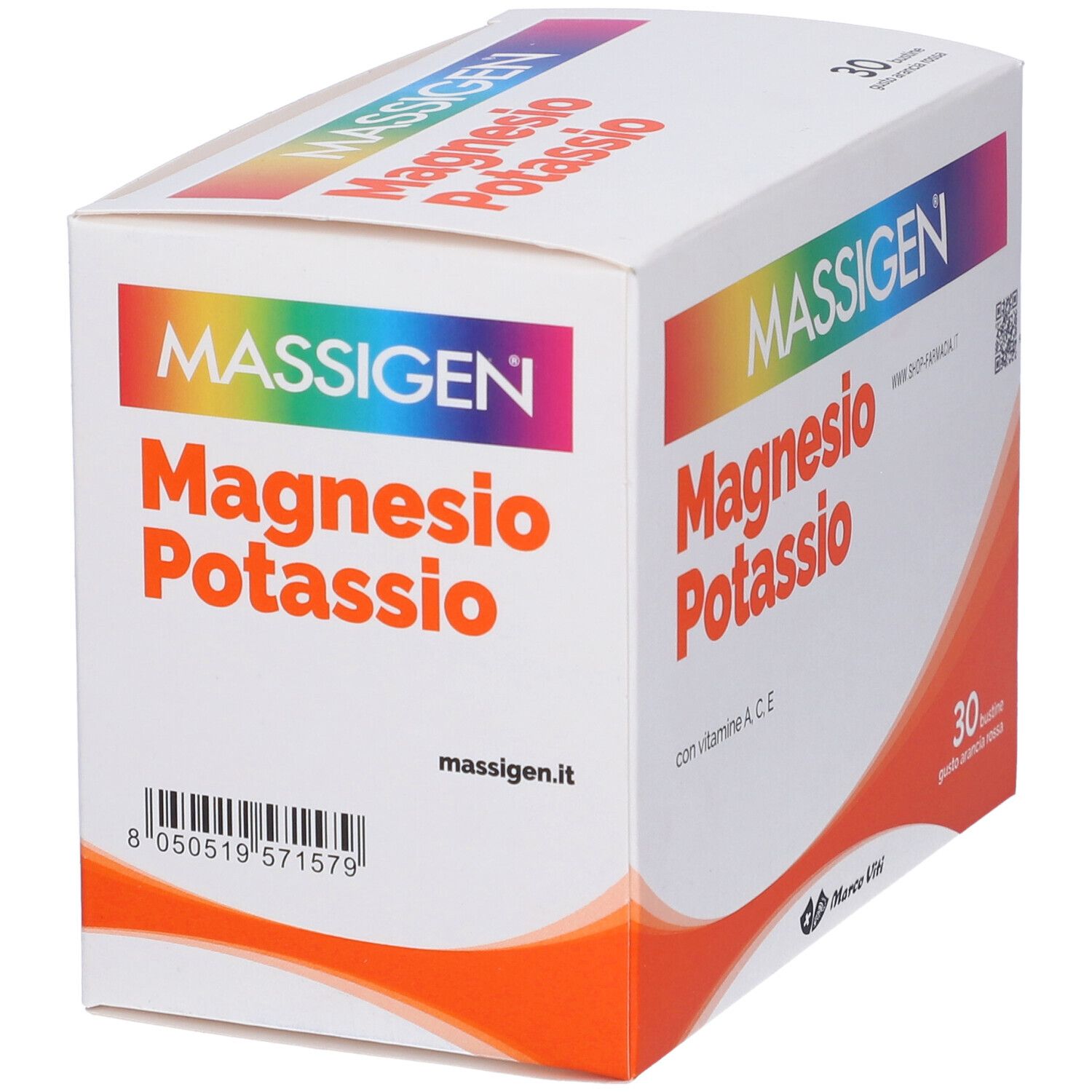 Weiße Schachtel mit MASSIGEN Magnesium und Kalium. Aufschrift: 30 Beutel, Vitamin A, C, E.