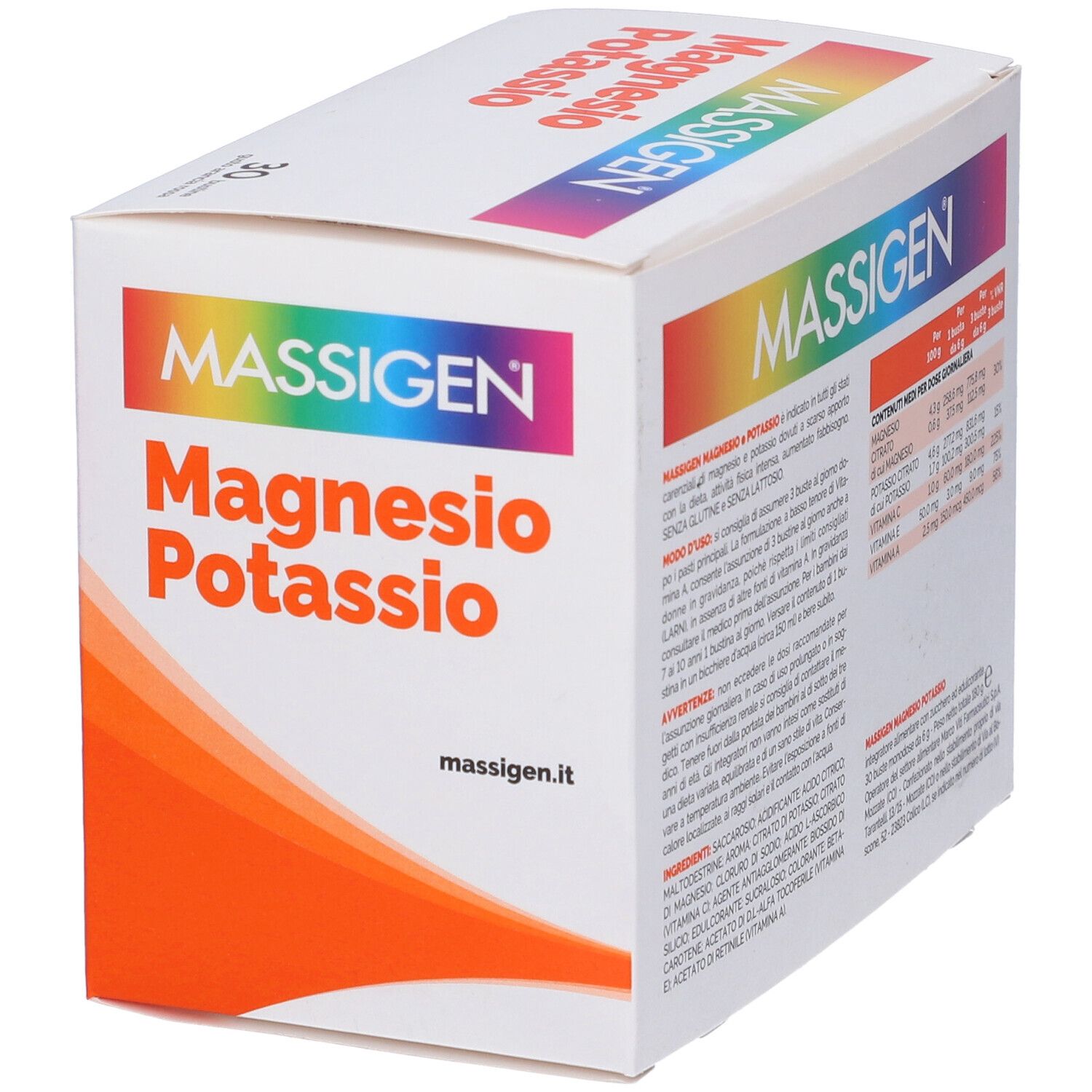 Weiße Schachtel mit MASSIGEN Magnesium und Kalium. Aufschrift: 30 Beutel, Vitamin A, C, E.