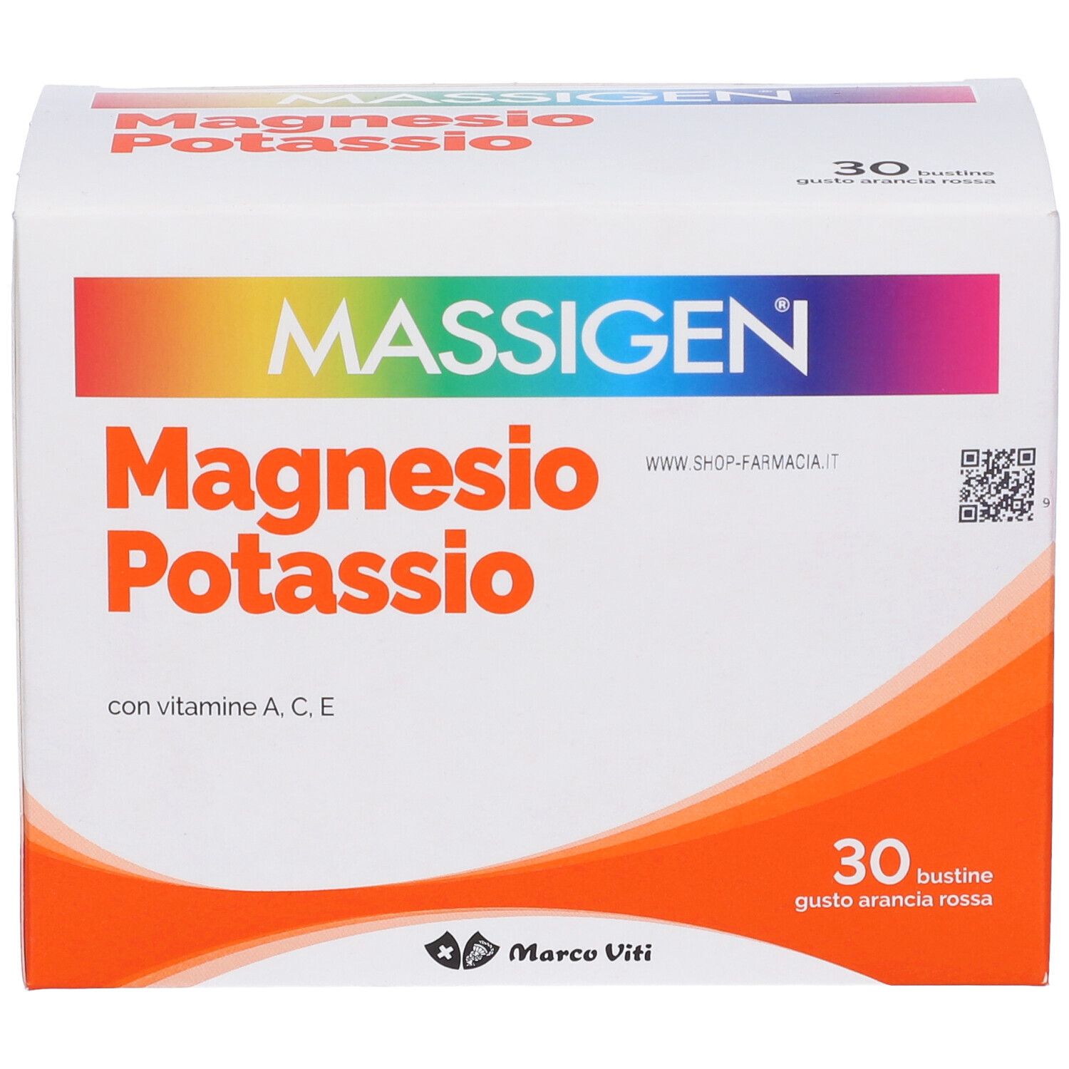 Weiße Schachtel mit MASSIGEN Magnesium und Kalium. Aufschrift: 30 Beutel, Vitamin A, C, E.
