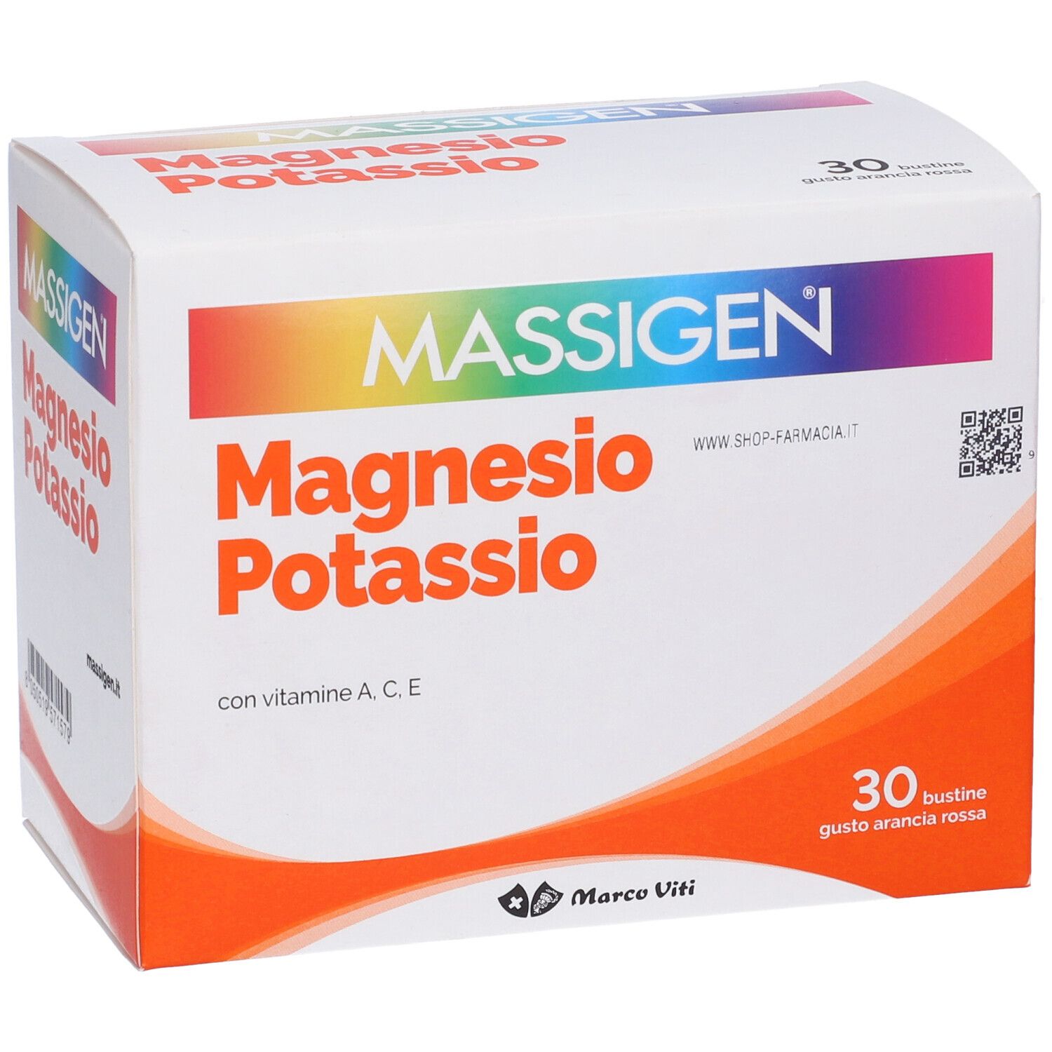Weiße Schachtel mit MASSIGEN Magnesium und Kalium. Aufschrift: 30 Beutel, Vitamin A, C, E.
