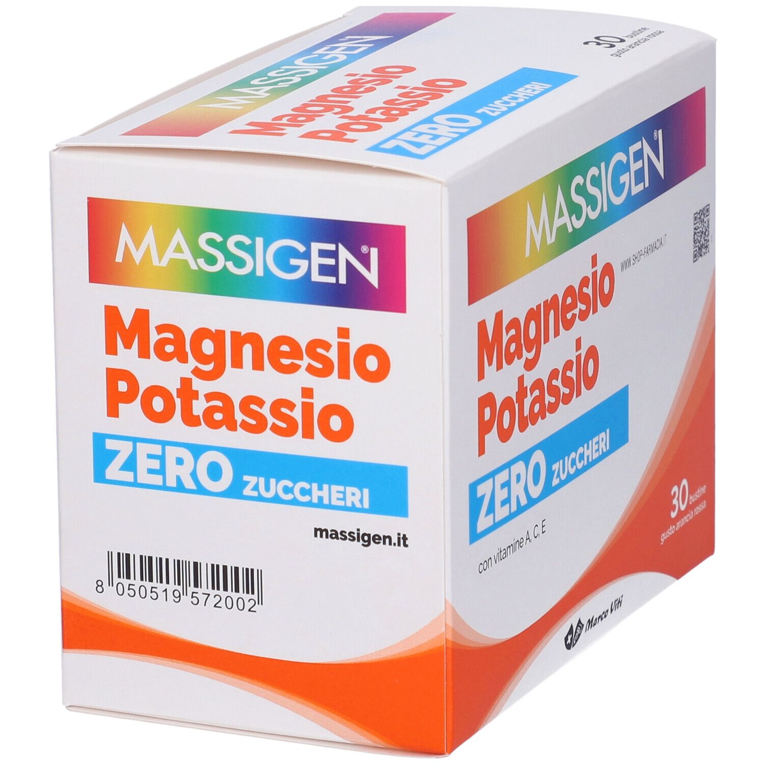 Verpackung von MASSIGEN Magnesium und Kalium ohne Zucker. Enthält 30 Beutel. Text: Magnesio Potassio Zero Zuccheri.