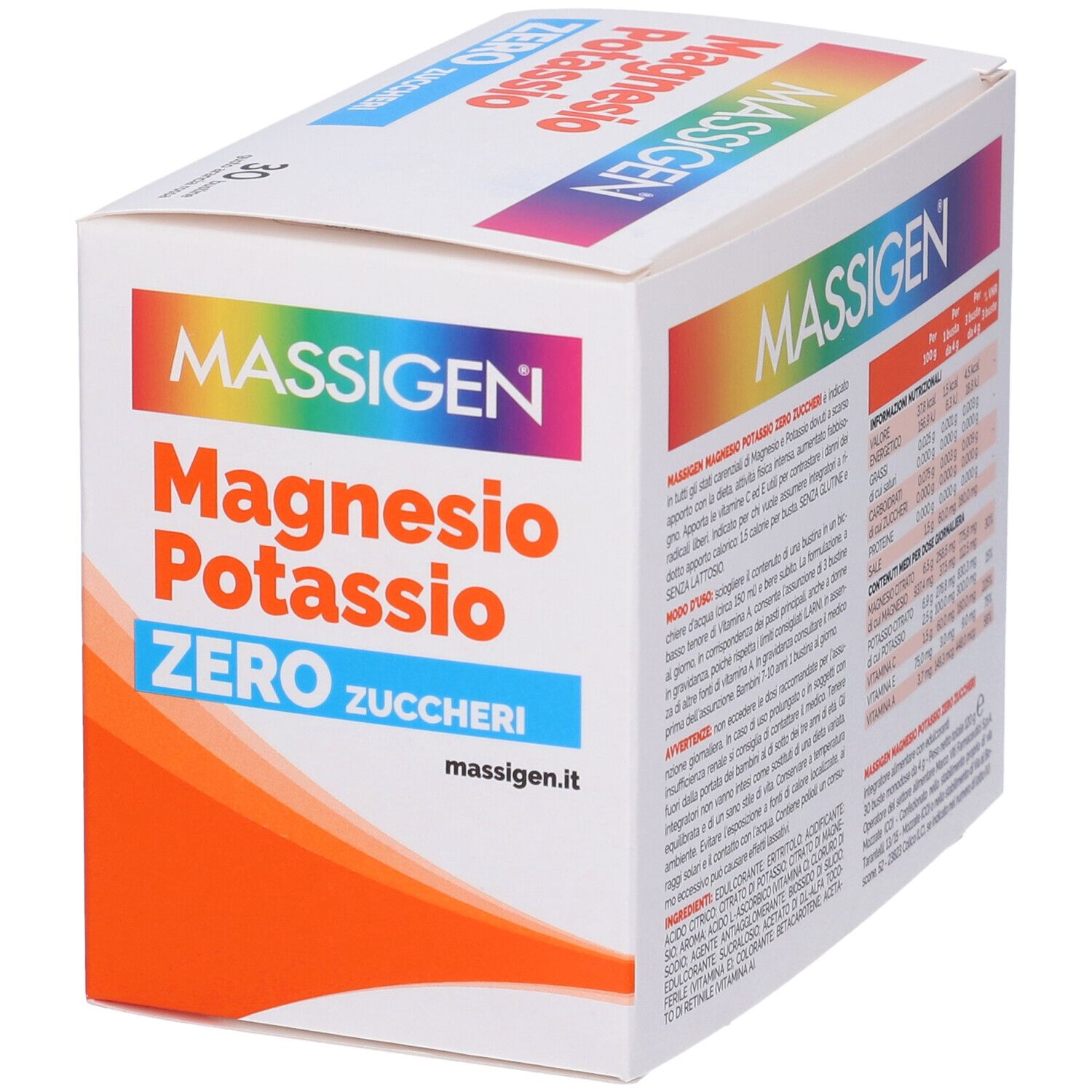 Verpackung von MASSIGEN Magnesium und Kalium ohne Zucker. Text: Magnesio Potassio Zero Zuccheri. 30 Beutel.
