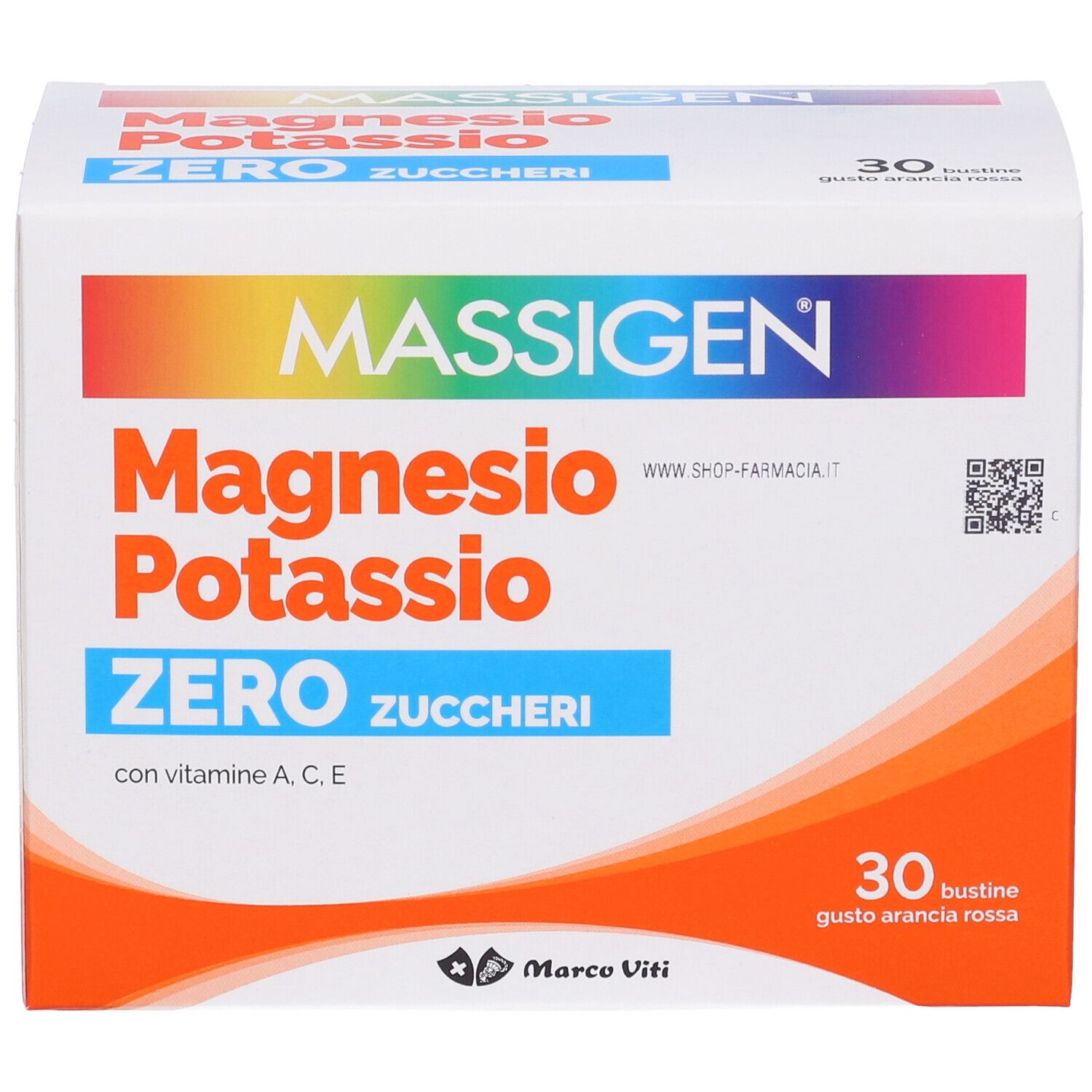 Verpackung von MASSIGEN Magnesium und Kalium ohne Zucker. Enthält 30 Beutel. Text: Magnesio Potassio Zero Zuccheri.