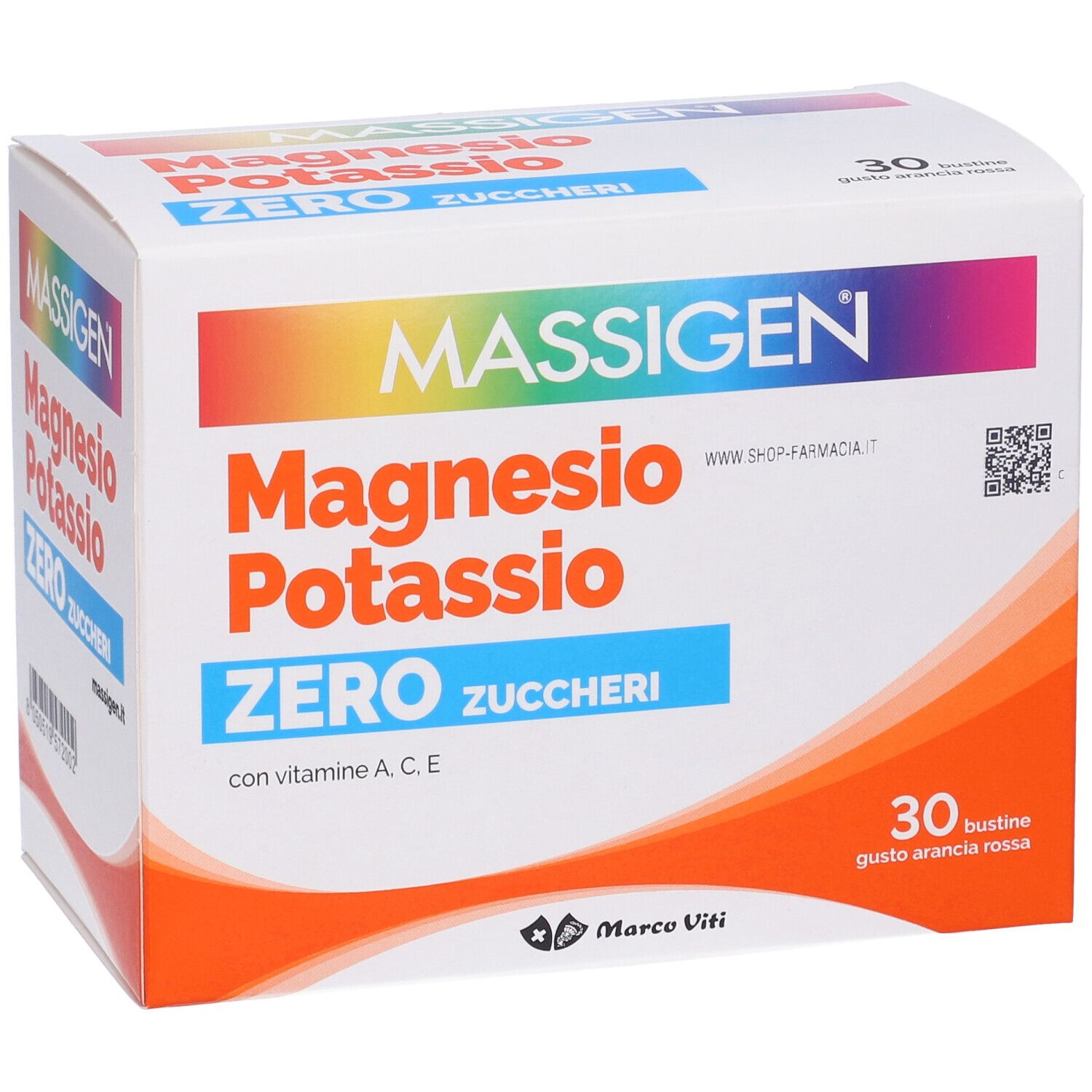 Verpackung von MASSIGEN Magnesium und Kalium ohne Zucker. Enthält 30 Beutel. Text: Magnesio Potassio Zero Zuccheri.