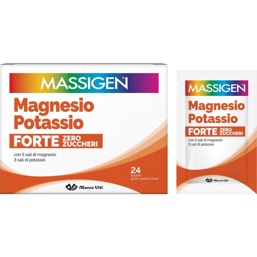 Confezione e bustina singola con testo. Scritta: MASSIGEN Magnesio Potassio FORTE Zero Zuccheri.