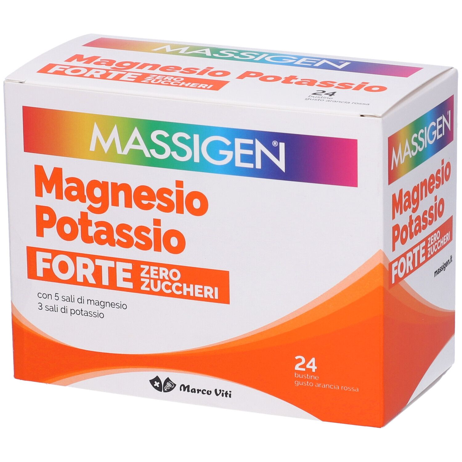 Scatola bianca con testo. Scritta: MASSIGEN Magnesio Potassio FORTE Zero Zuccheri. 24 pezzi.
