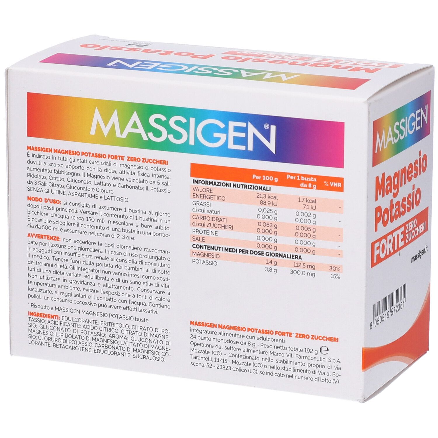 Scatola bianca con testo e informazioni nutrizionali. Scritta: MASSIGEN Magnesio Potassio FORTE Zero Zuccheri.