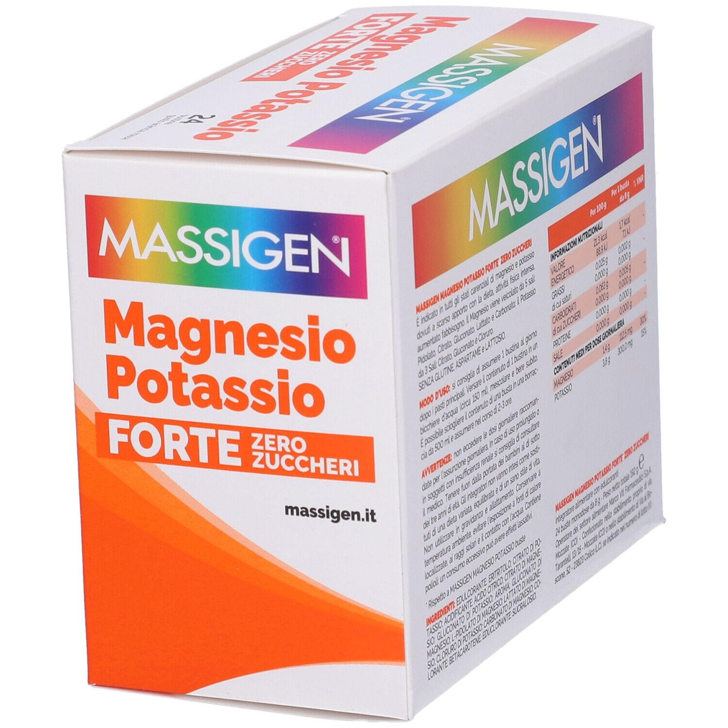 Scatola bianca con testo e informazioni nutrizionali. Scritta: MASSIGEN Magnesio Potassio FORTE Zero Zuccheri.