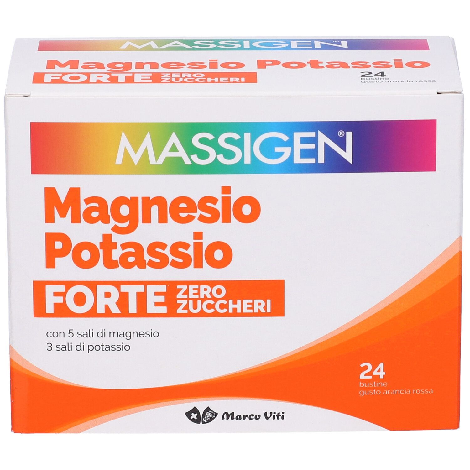 Scatola bianca con testo. Scritta: MASSIGEN Magnesio Potassio FORTE Zero Zuccheri. 24 pezzi.