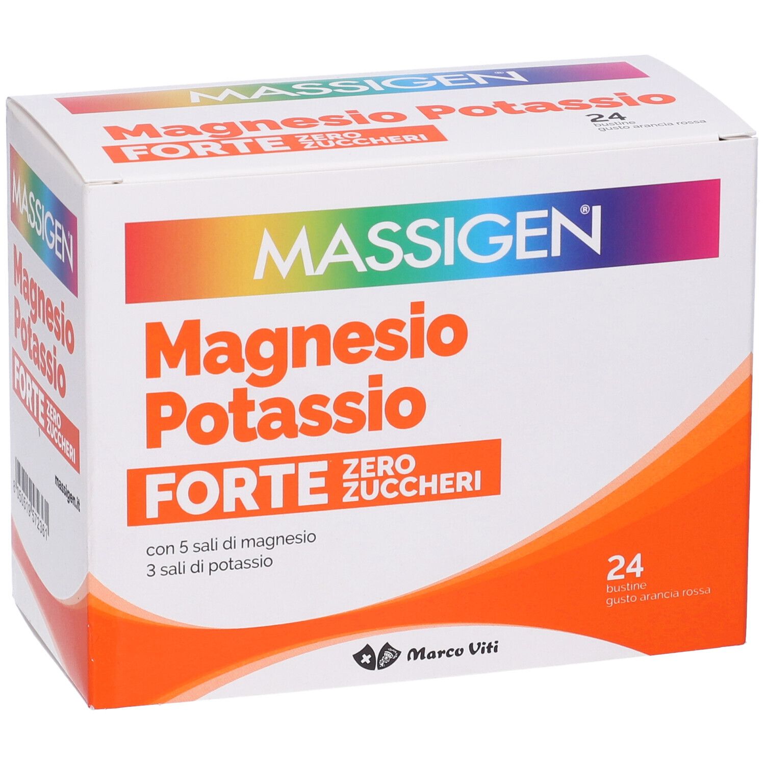 Scatola bianca con testo. Scritta: MASSIGEN Magnesio Potassio FORTE Zero Zuccheri. 24 pezzi.