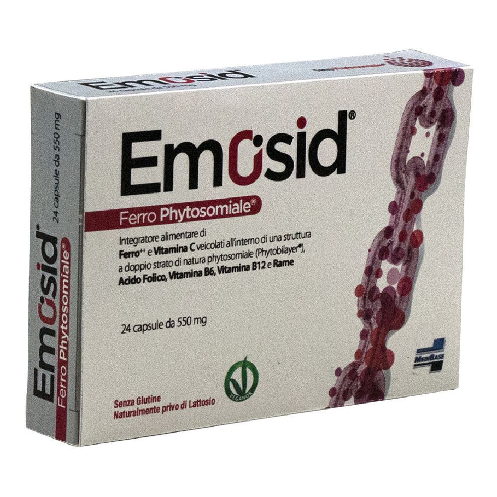 Scatola bianca "Emosid" con informazioni sul prodotto. Contiene 24 capsule. Illustrazione catena rossa.