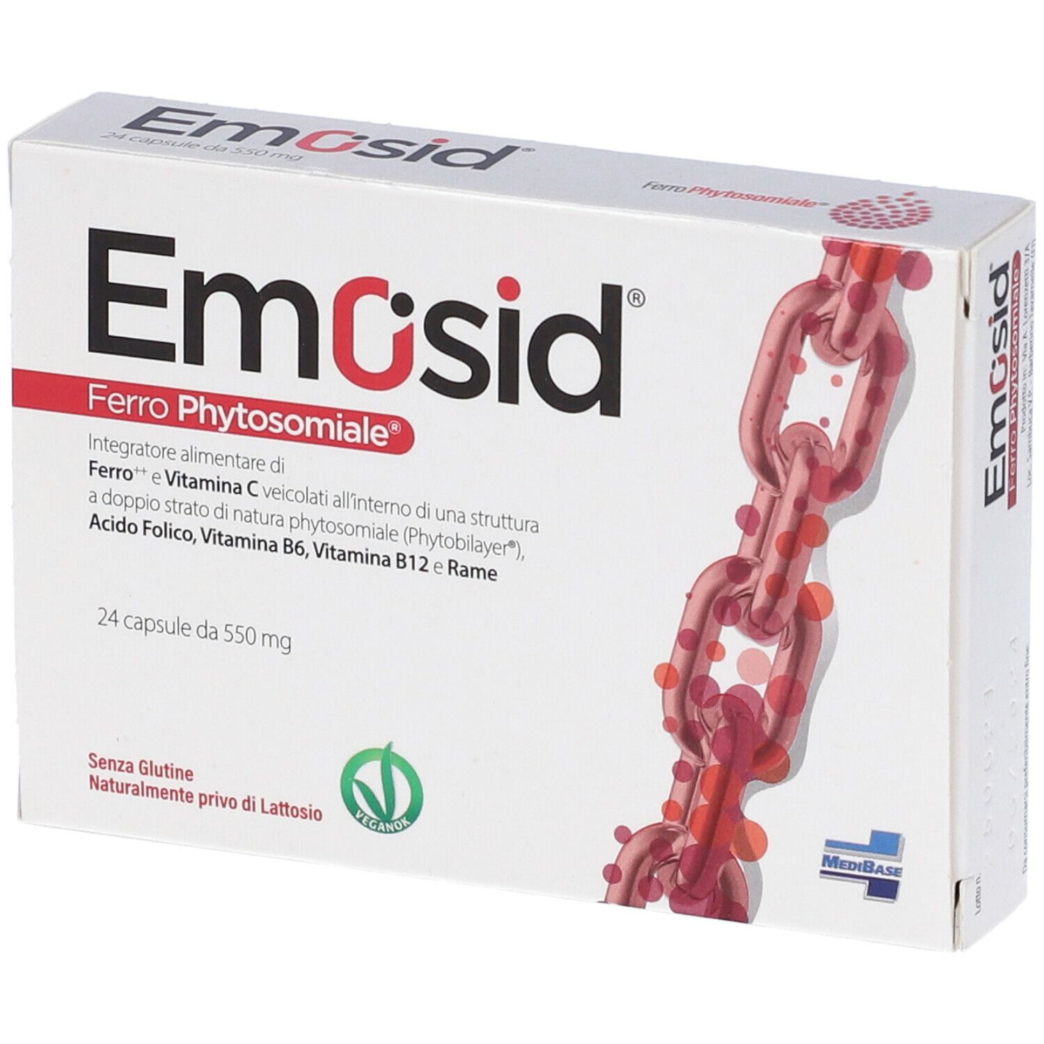 Scatola bianca "Emosid" con informazioni sul prodotto. Contiene 24 capsule. Illustrazione catena rossa.