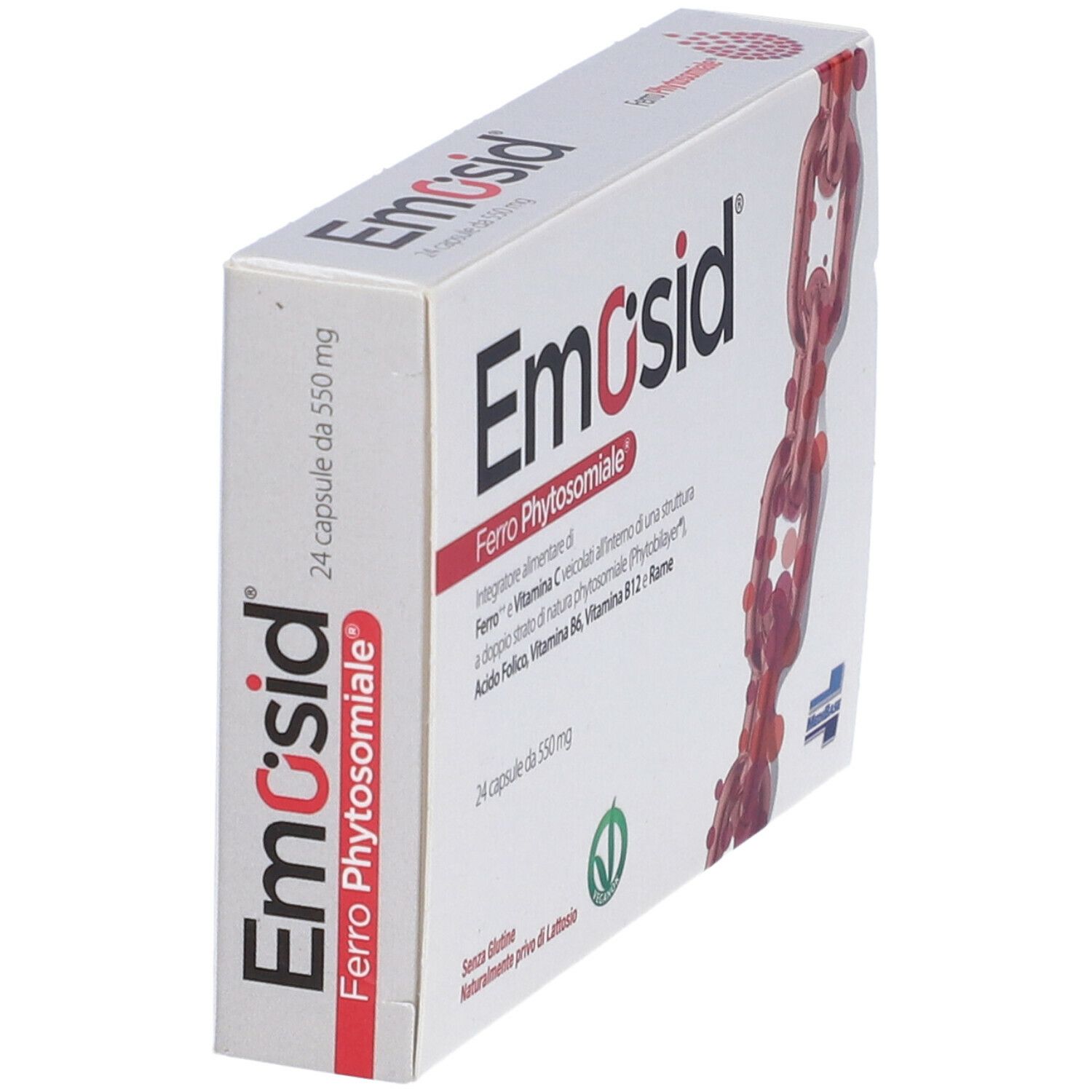 Scatola bianca "Emosid" con informazioni sul prodotto. Contiene 24 capsule. Illustrazione catena rossa.