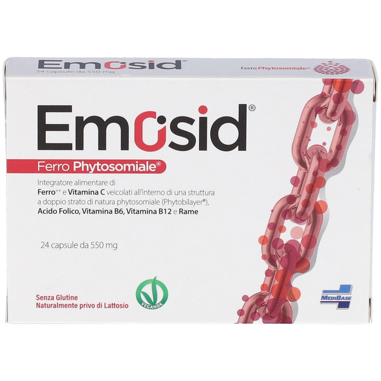 Scatola bianca "Emosid" con informazioni sul prodotto. Contiene 24 capsule. Illustrazione catena rossa.