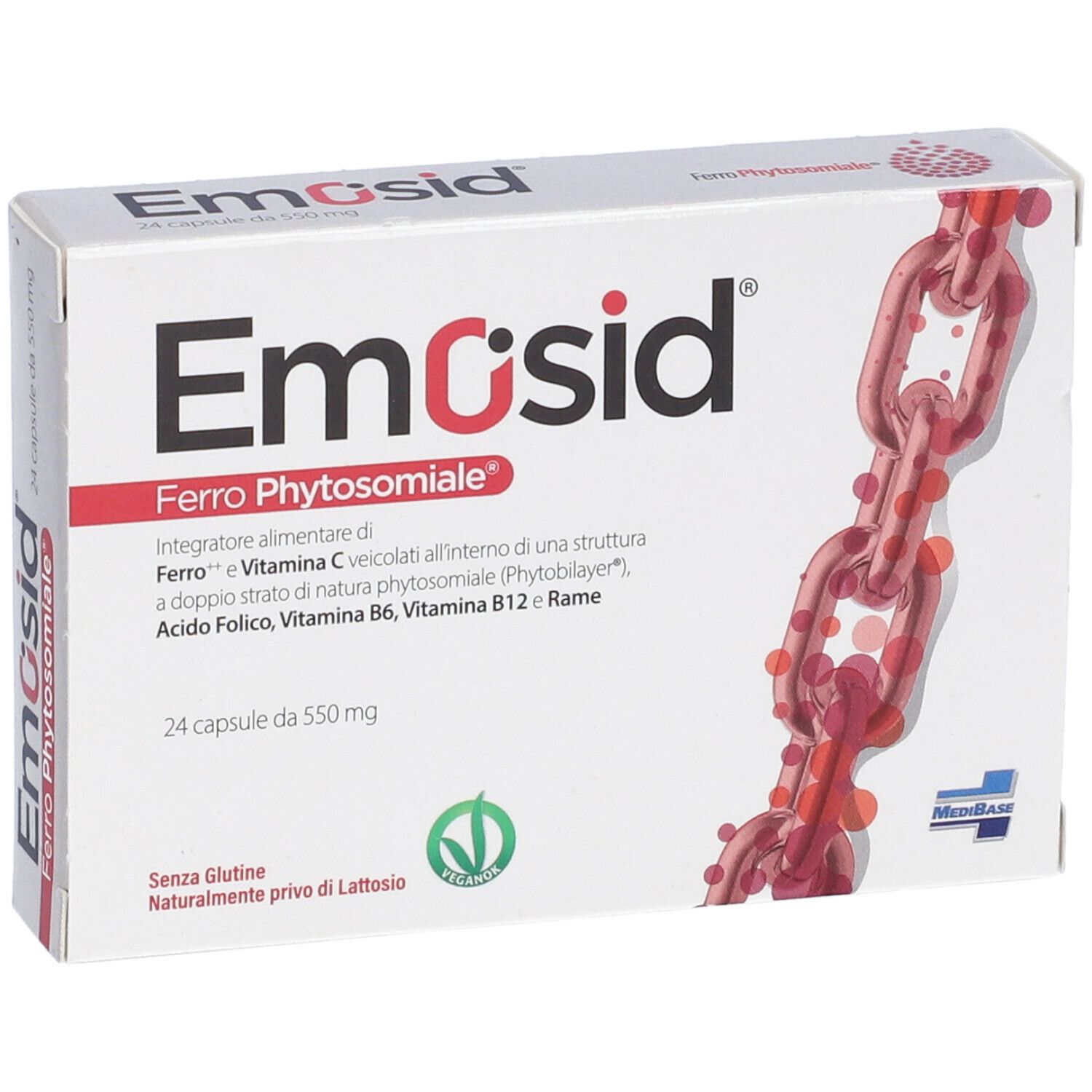 Scatola bianca "Emosid" con informazioni sul prodotto. Contiene 24 capsule. Illustrazione catena rossa.