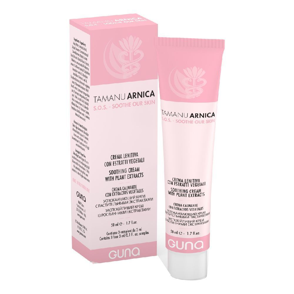 Tubo e scatola rosa. Scritta: Tamanu Arnica S.O.S. Crema con estratti vegetali. Marchio: GUNA.