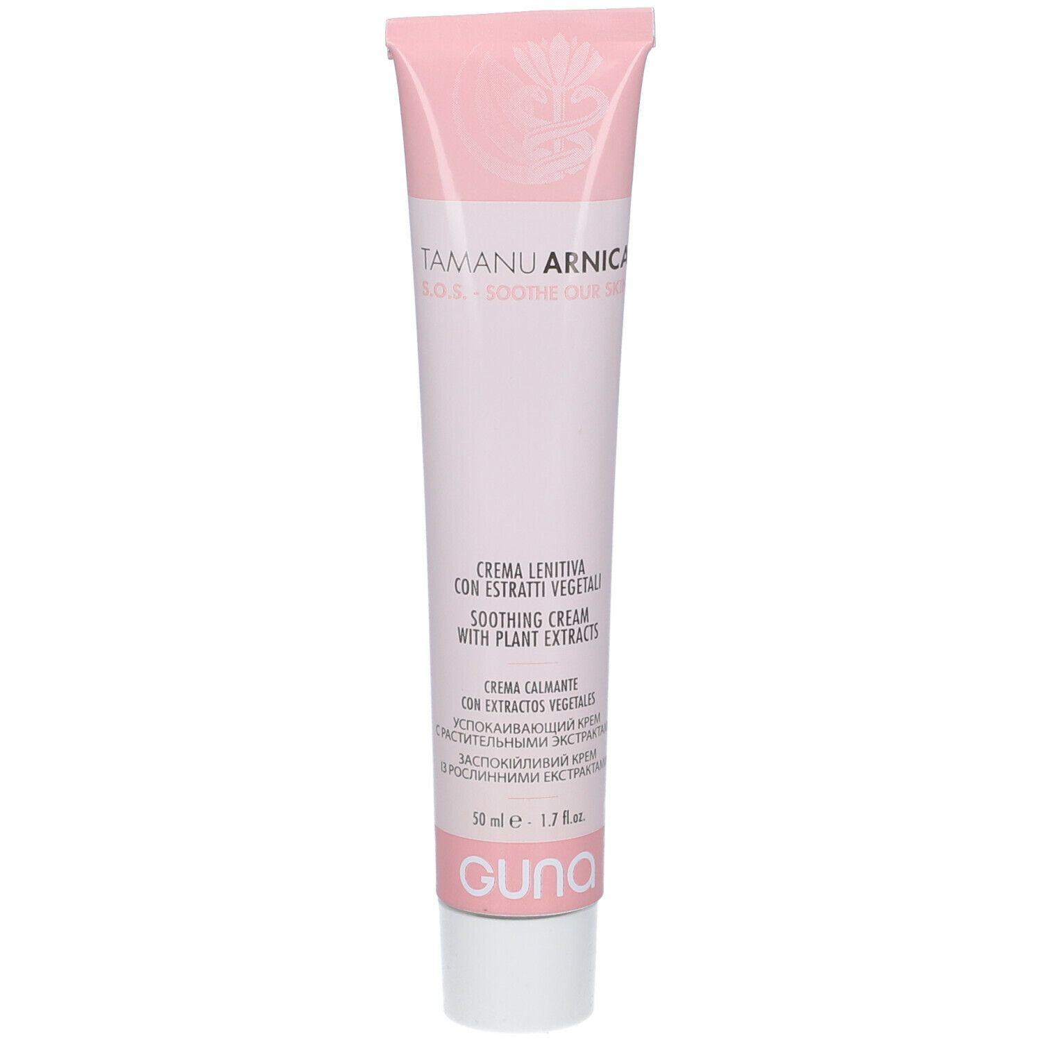 Tubo rosa. Scritta: Tamanu Arnica S.O.S. Crema con estratti vegetali. Marchio: GUNA. 50 ml.