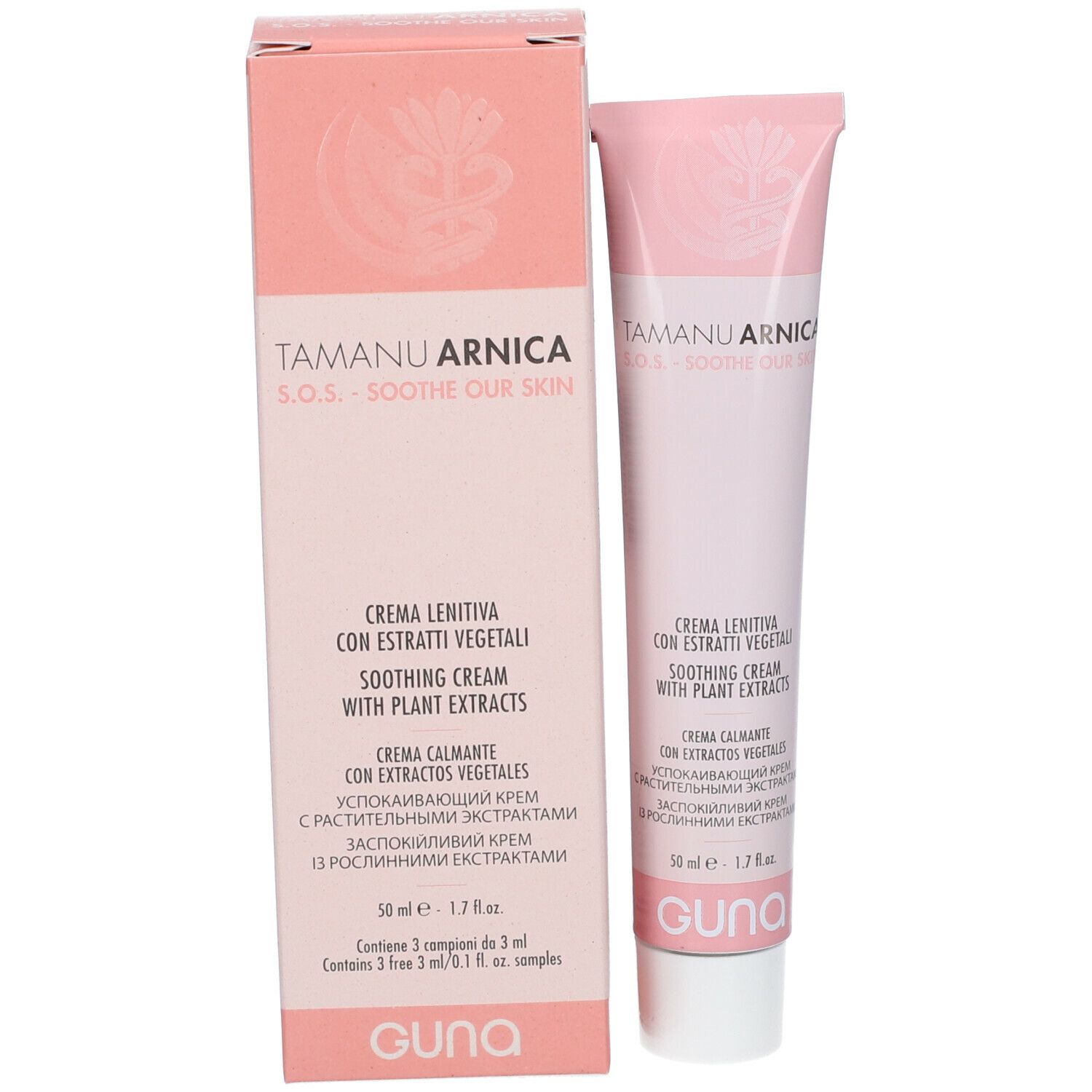 Tubo e scatola rosa. Scritta: Tamanu Arnica S.O.S. Crema con estratti vegetali. Marchio: GUNA. 50 ml.