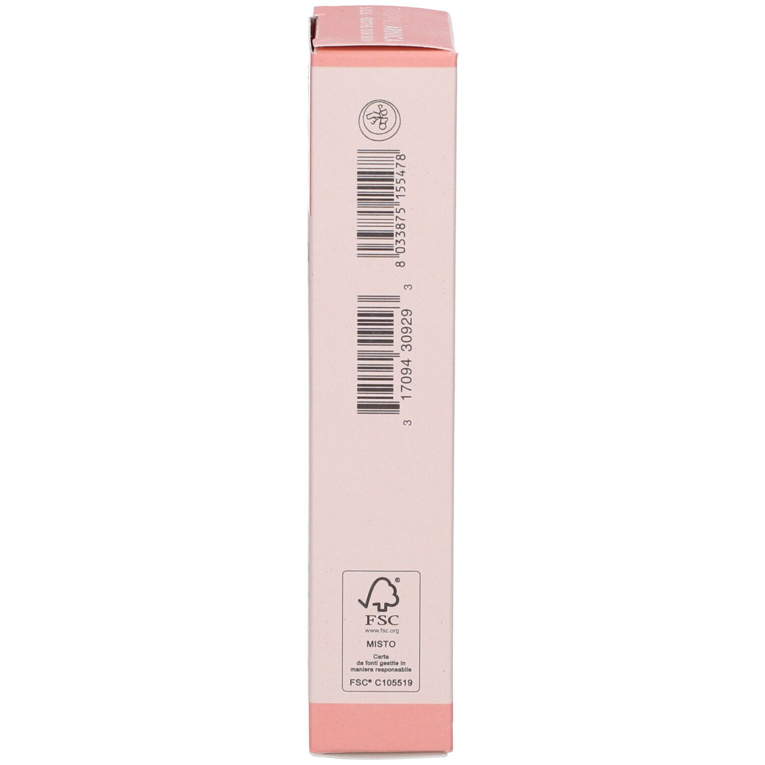 Lato della scatola rosa. Codice a barre, certificazione FSC. Marchio: GUNA. Informazioni sul produttore.