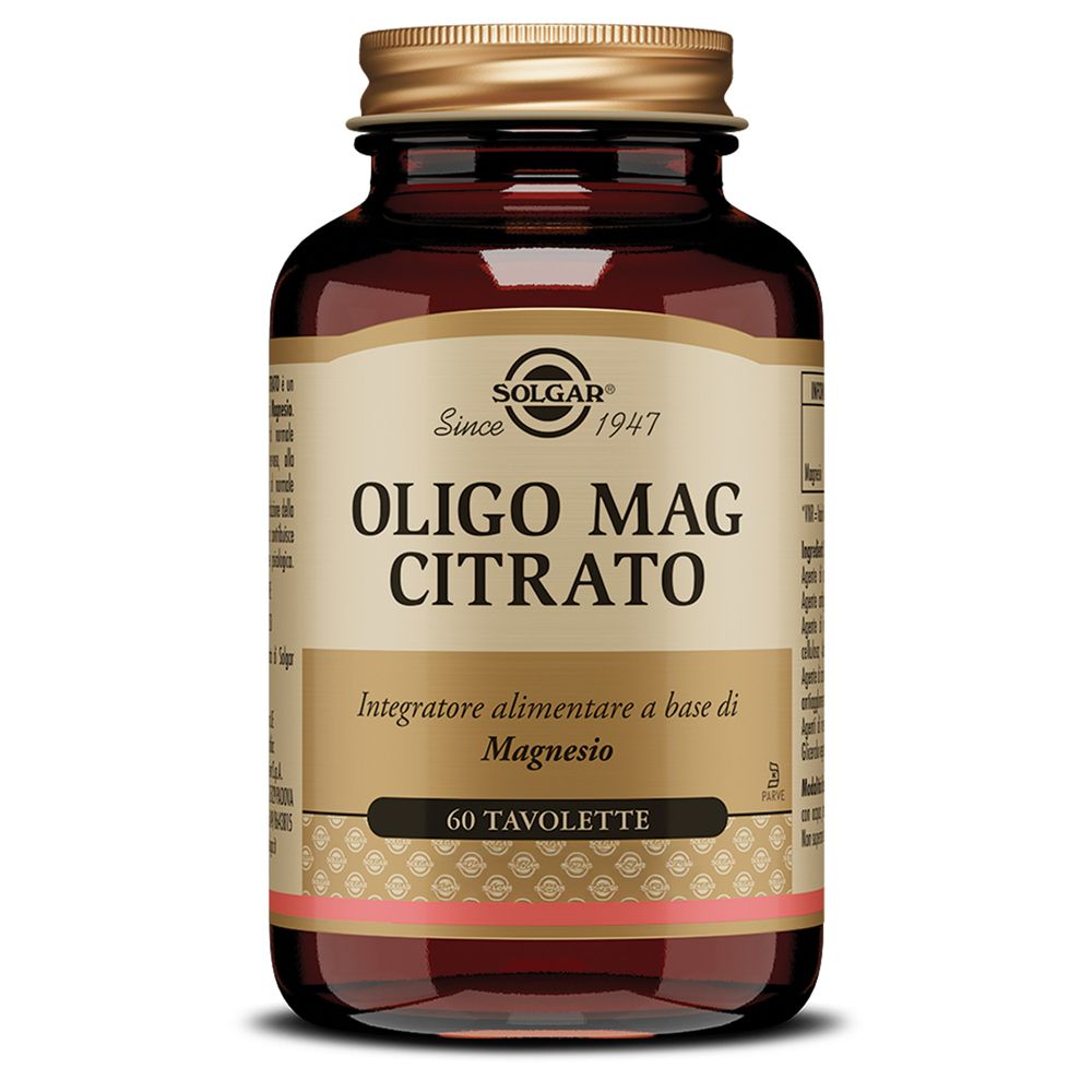 Flacone di vetro marrone con tappo dorato. Etichetta con "SOLGAR" e "OLIGO MAG CITRATO". Contiene 60 compresse.