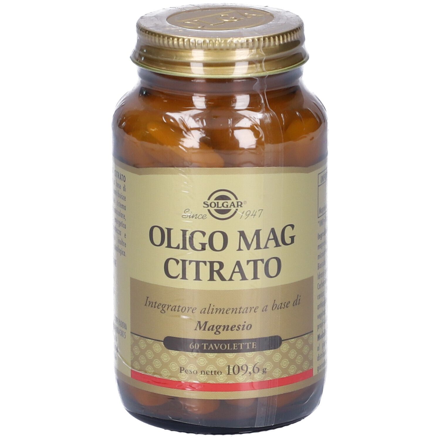 Flacone di vetro marrone con tappo dorato. Etichetta con "SOLGAR" e "OLIGO MAG CITRATO". 60 compresse. Peso netto 109,6g.