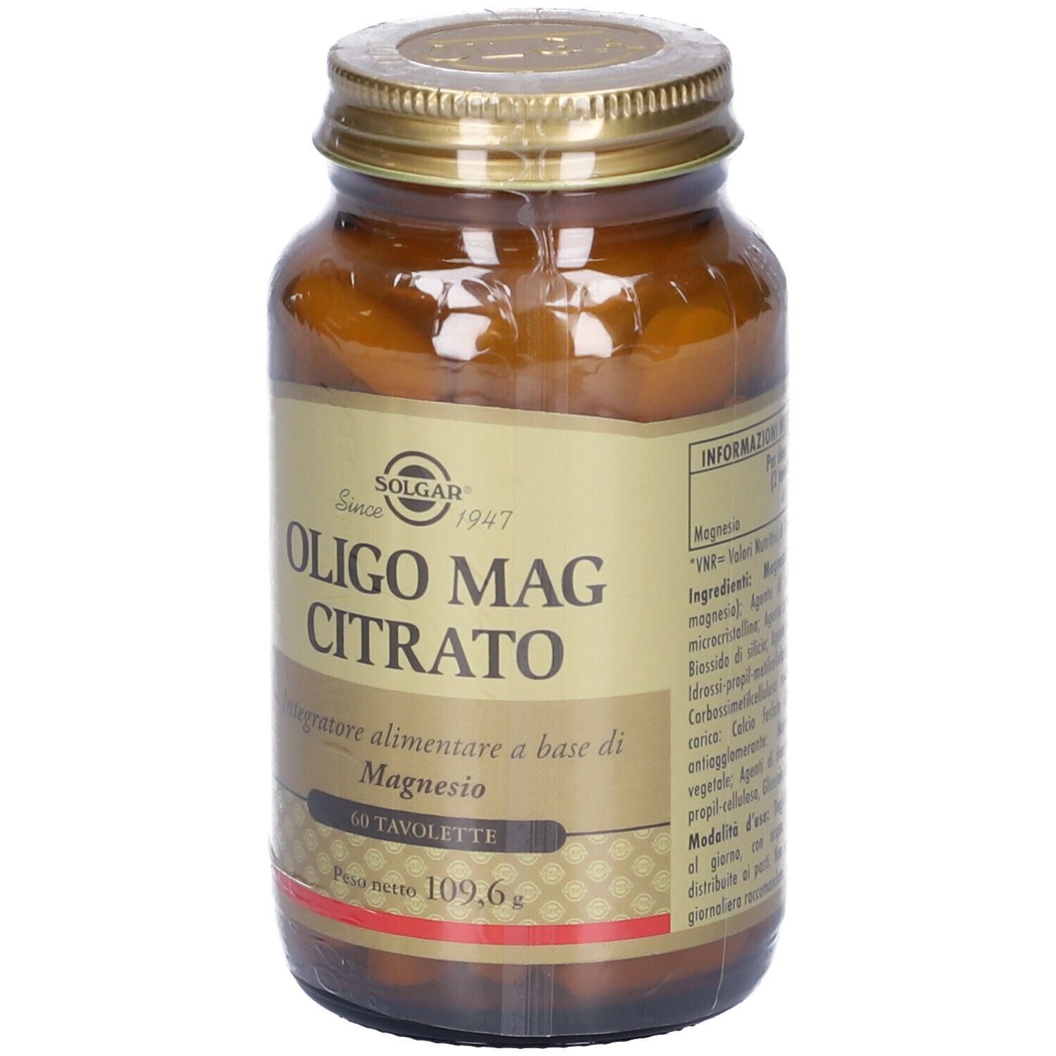 Flacone di vetro marrone con tappo dorato. Etichetta con "SOLGAR" e "OLIGO MAG CITRATO". 60 compresse. Peso netto 109,6g.