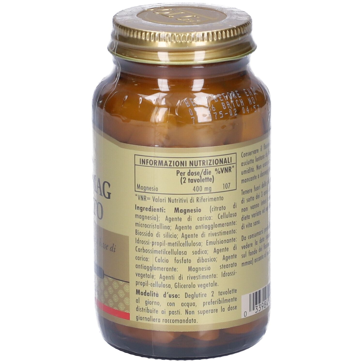 Flacone di vetro marrone con tappo dorato. Retro con testo. Contiene "OLIGO MAG CITRATO". Informazioni nutrizionali.