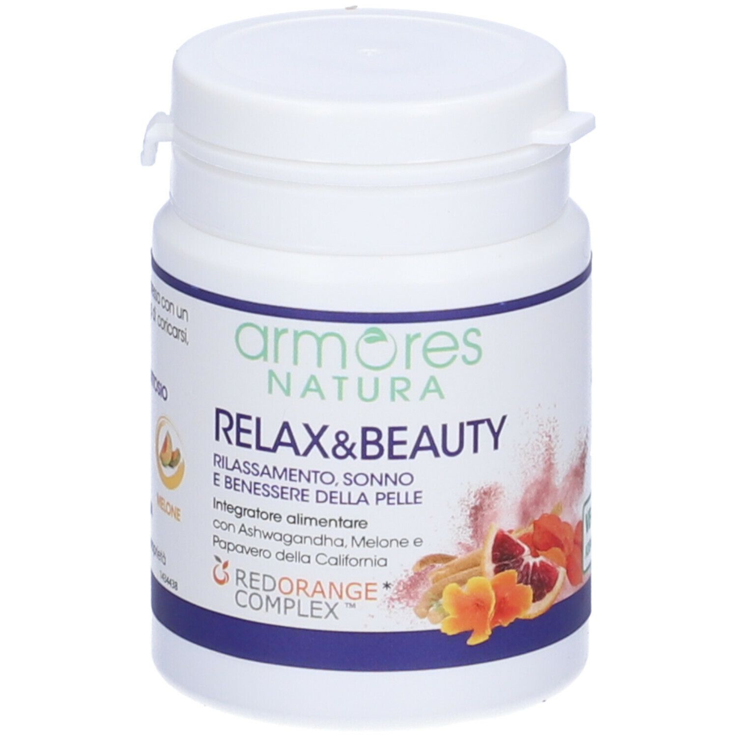 Flacone bianco con fascia blu. Scritta Armores Natura Relax&Beauty. Illustrazione di frutta. Scritta rossa: Redorange Complex.