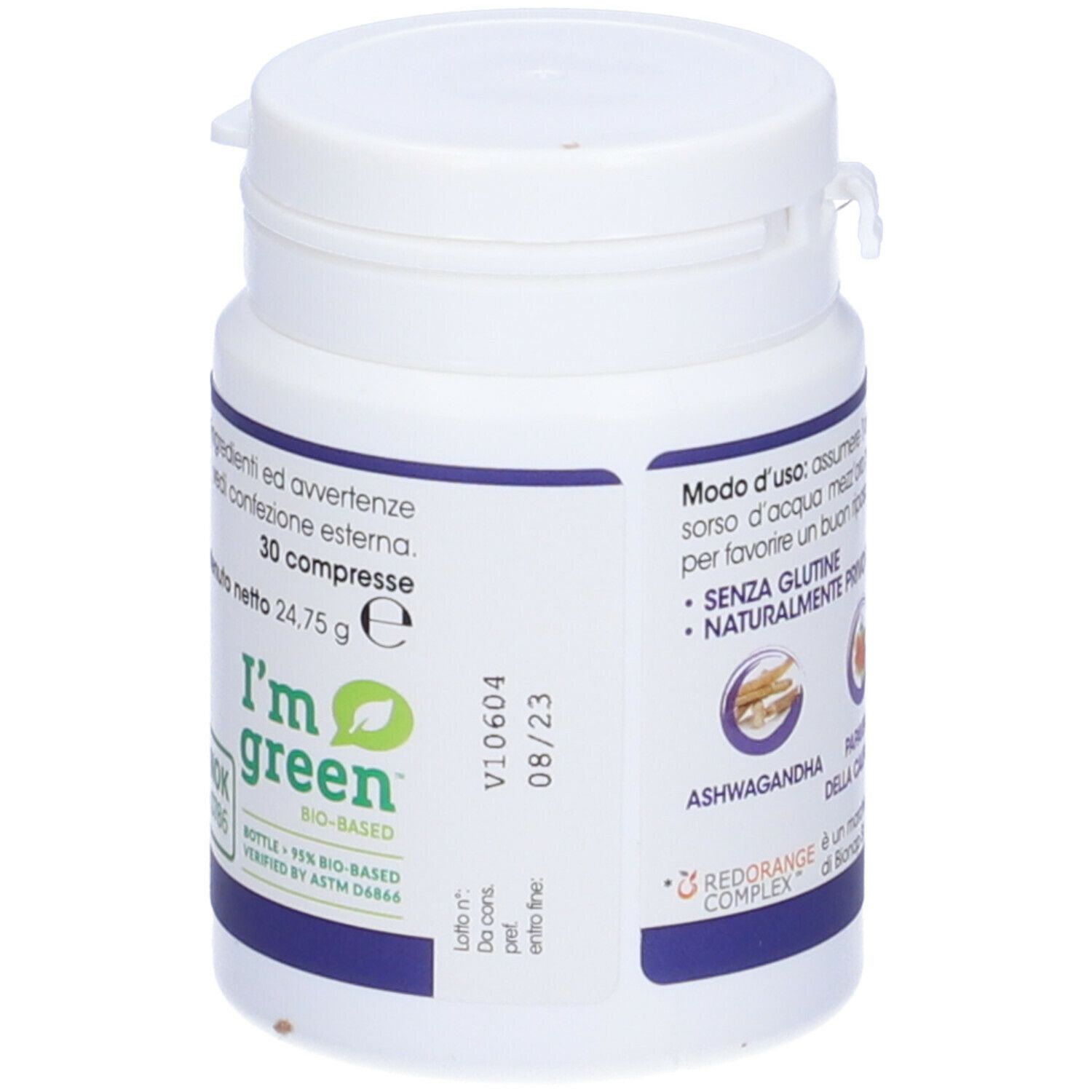 Flacone bianco con fascia blu. Scritta I'm green. Contiene 30 compresse. Scadenza 08/23. Peso: 24,75 g. Vegan.