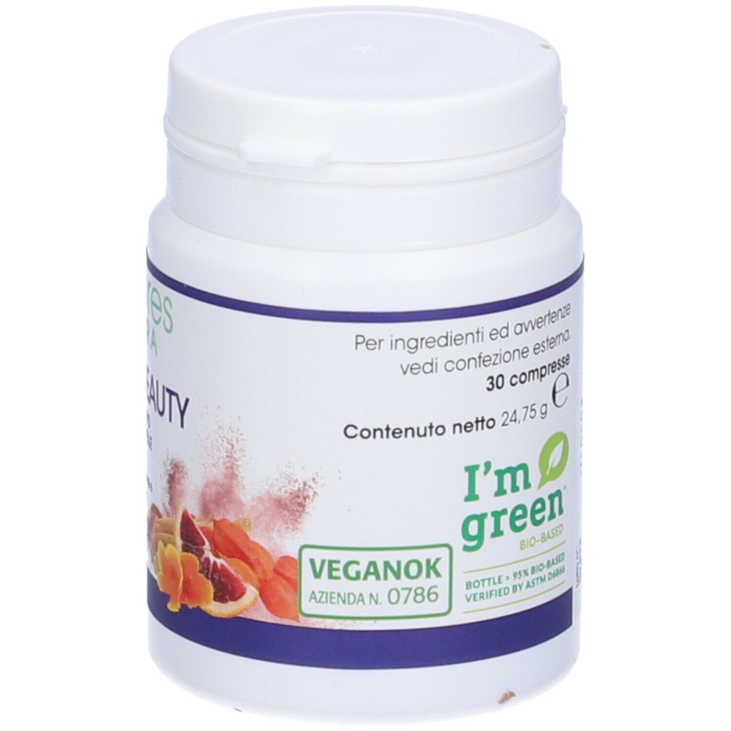 Flacone bianco con fascia blu. Scritta I'm green. Contiene 30 compresse. Peso: 24,75 g. Vegan. Certificazione Veganok.