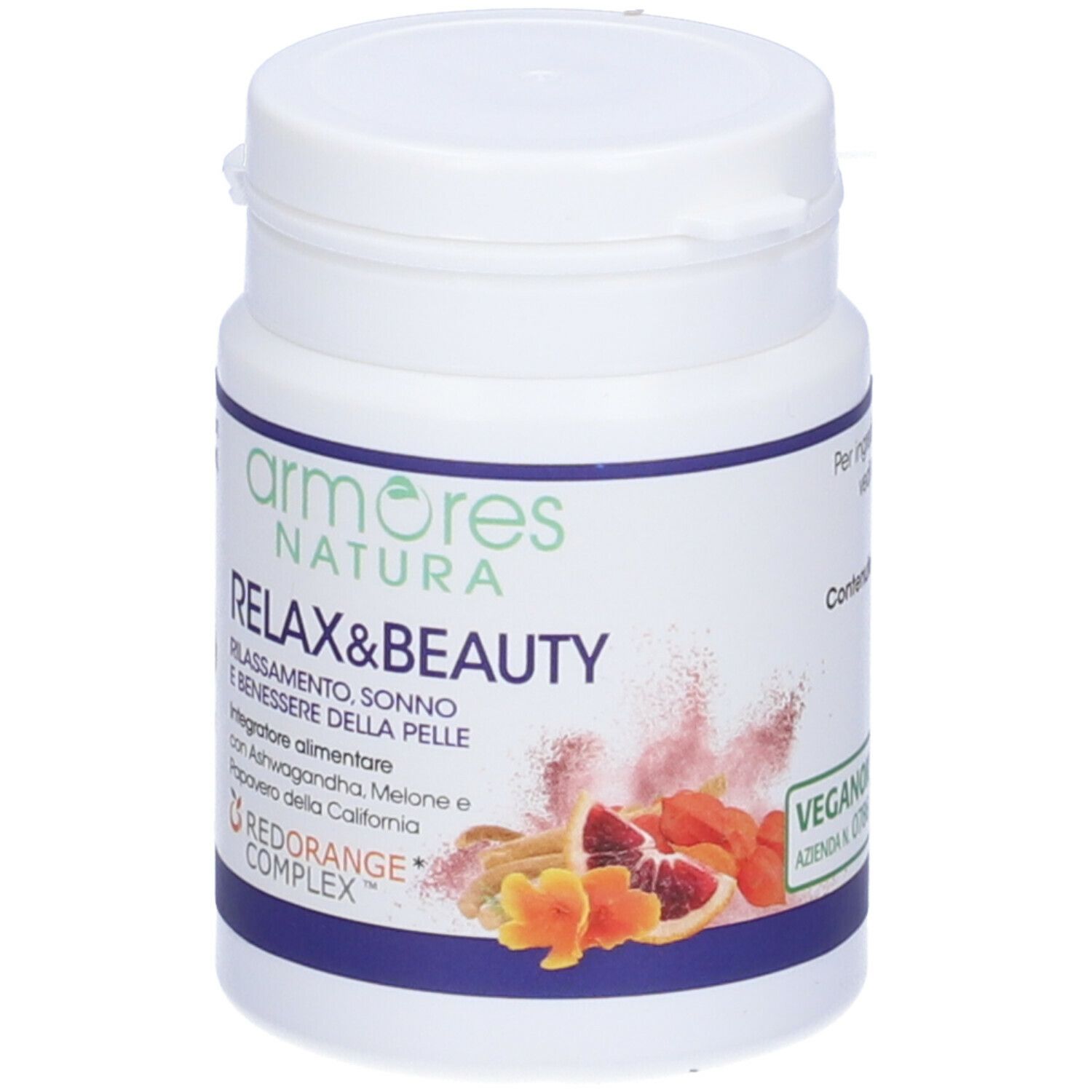 Flacone bianco con fascia blu. Scritta Armores Natura Relax&Beauty. Illustrazione di frutta. Scritta rossa: Redorange Complex. Vegan.
