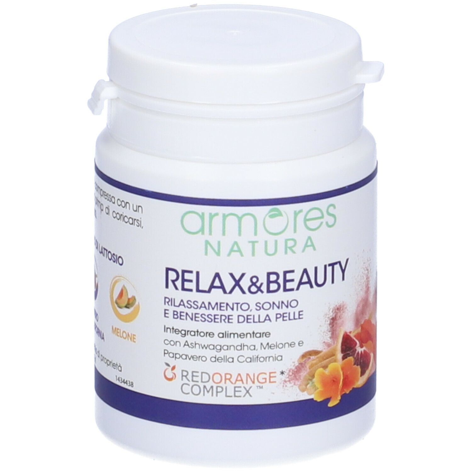 Flacone bianco con fascia blu. Scritta Armores Natura Relax&Beauty. Illustrazione di frutta. Scritta rossa: Redorange Complex. Vegan.