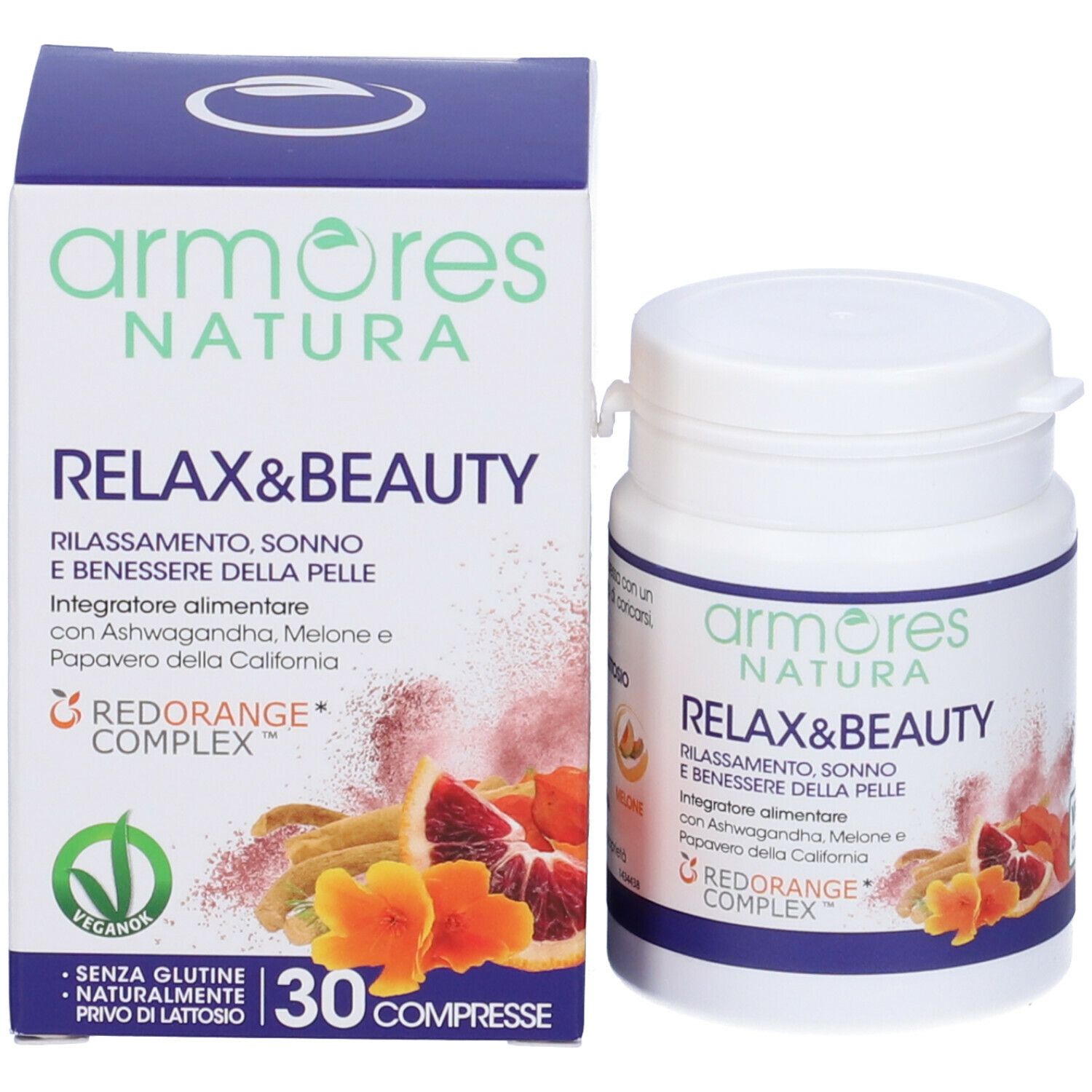 Confezione del prodotto con flacone e scatola. Scritta Armores Natura Relax&Beauty. Illustrazione di frutta. 30 compresse. Vegan.
