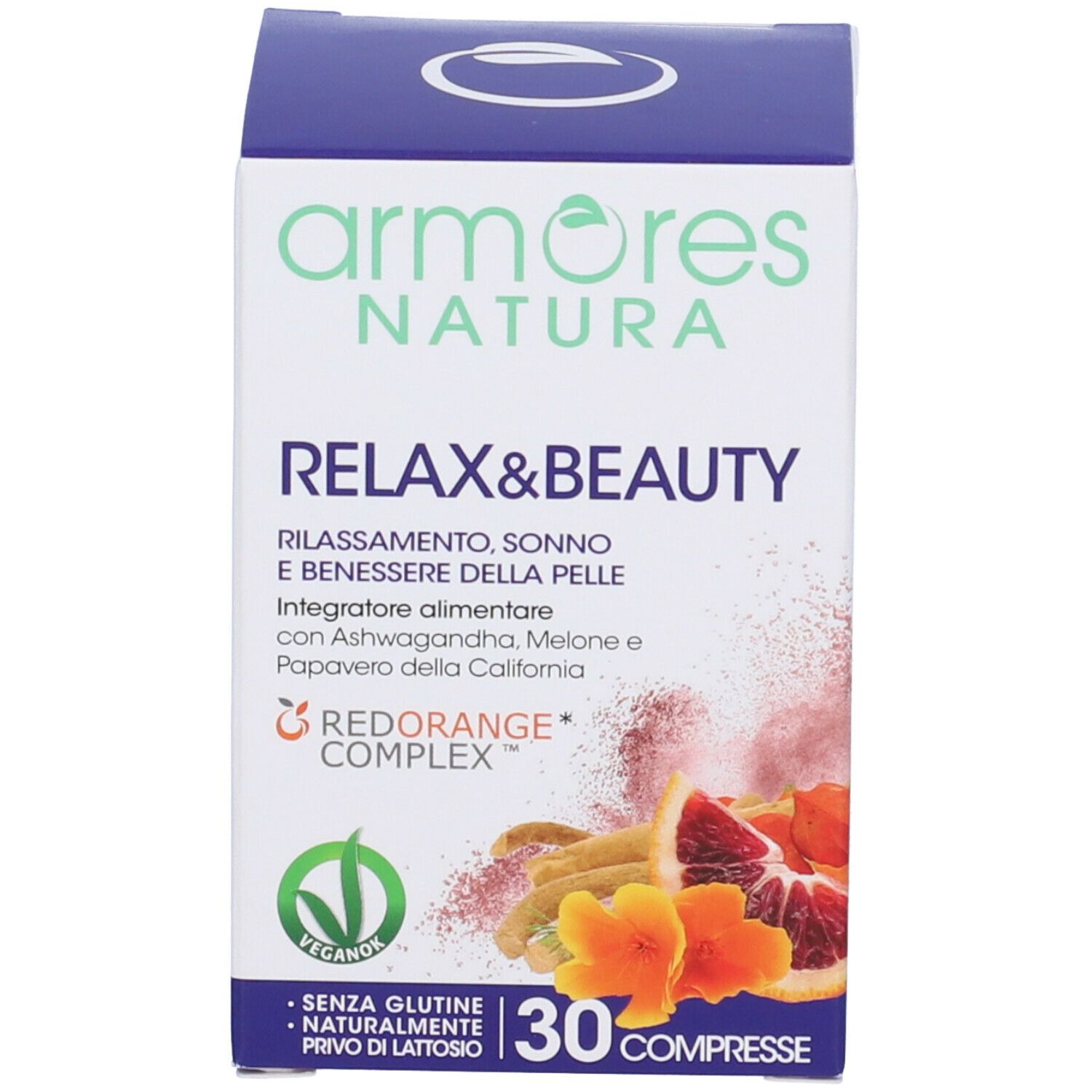 Confezione in cartone. Scritta Armores Natura Relax&Beauty. Illustrazione di frutta. 30 compresse. Vegan. Senza Glutine.