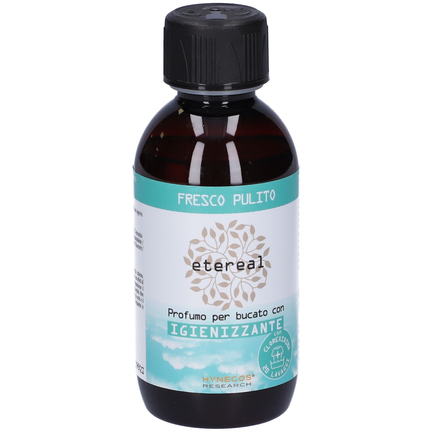 Flacone marrone con tappo nero. Etichetta con "etereal" e "Fresco Pulito". Testo in italiano.
