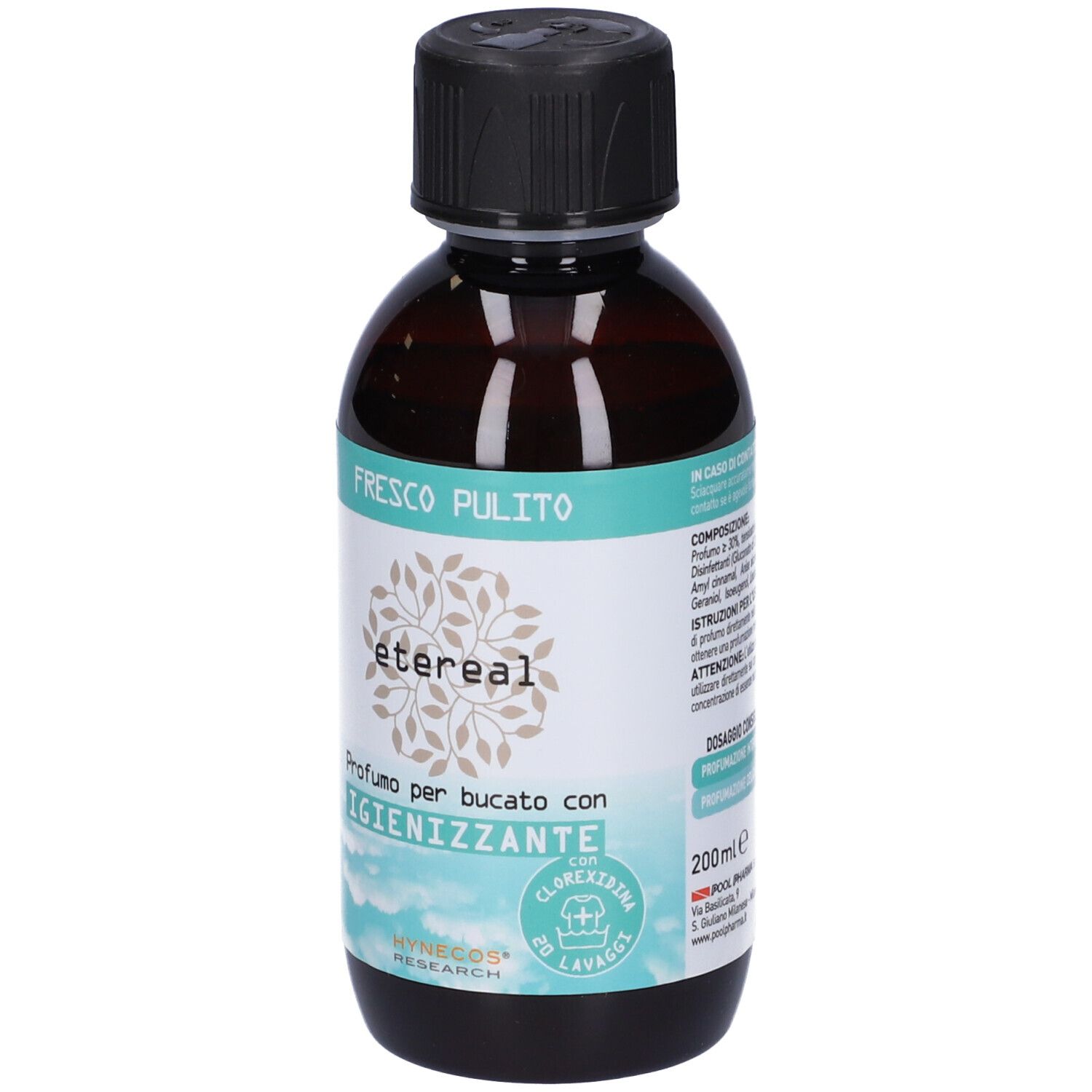 Flacone marrone con tappo nero. Etichetta con "etereal", "Fresco Pulito" e 200ml. Testo in italiano.